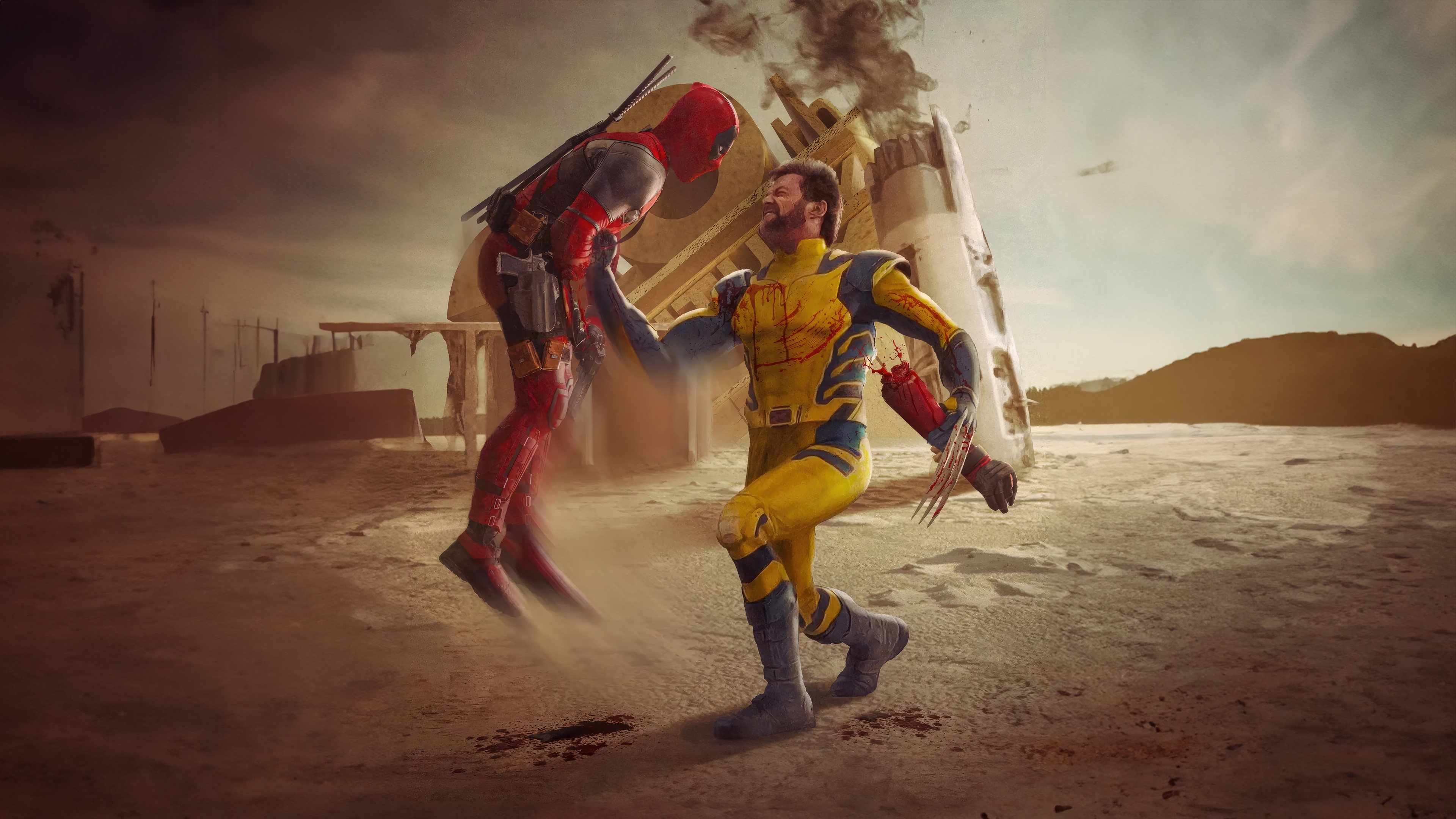 Deadpool and Wolverine in a desolate landscape HD Wallpaper