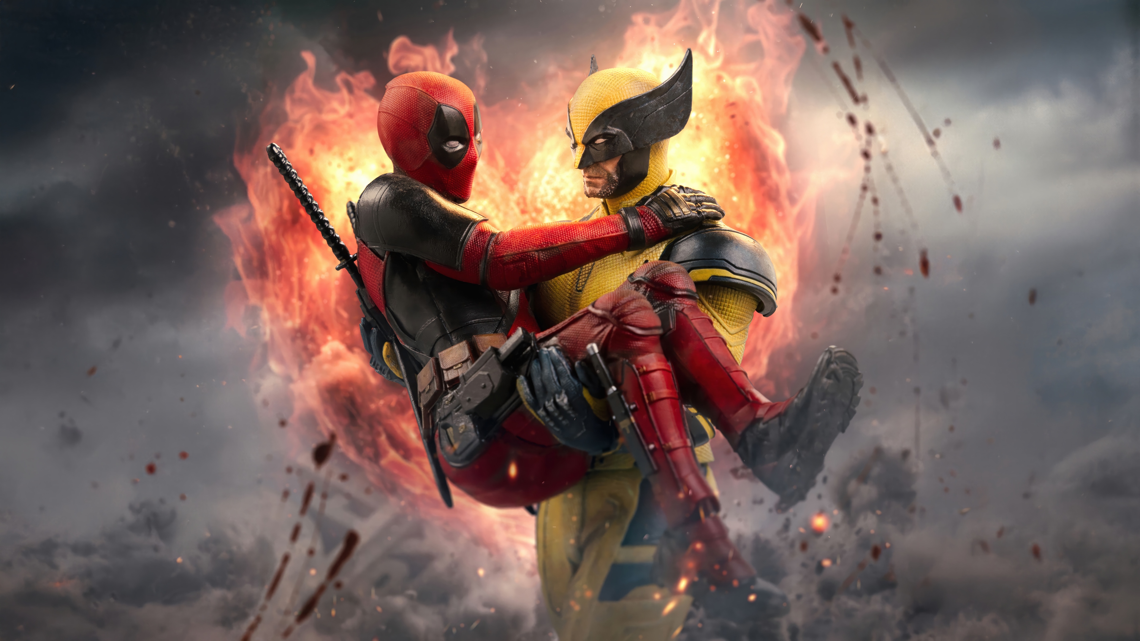 Deadpool Carries Wolverine Amidst Flames HD Wallpaper