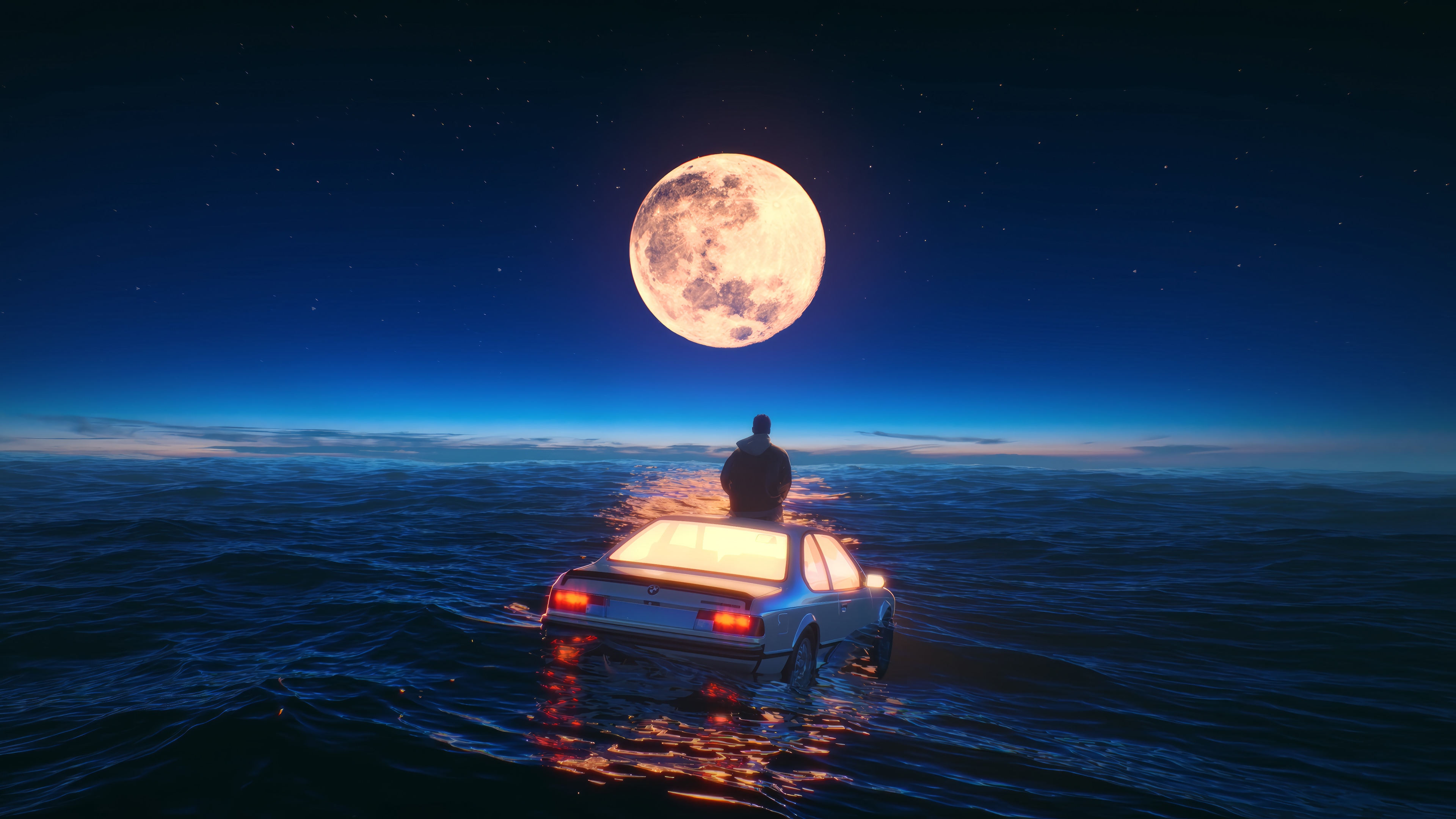 Car floating in the ocean under a full moon HD Wallpaper
