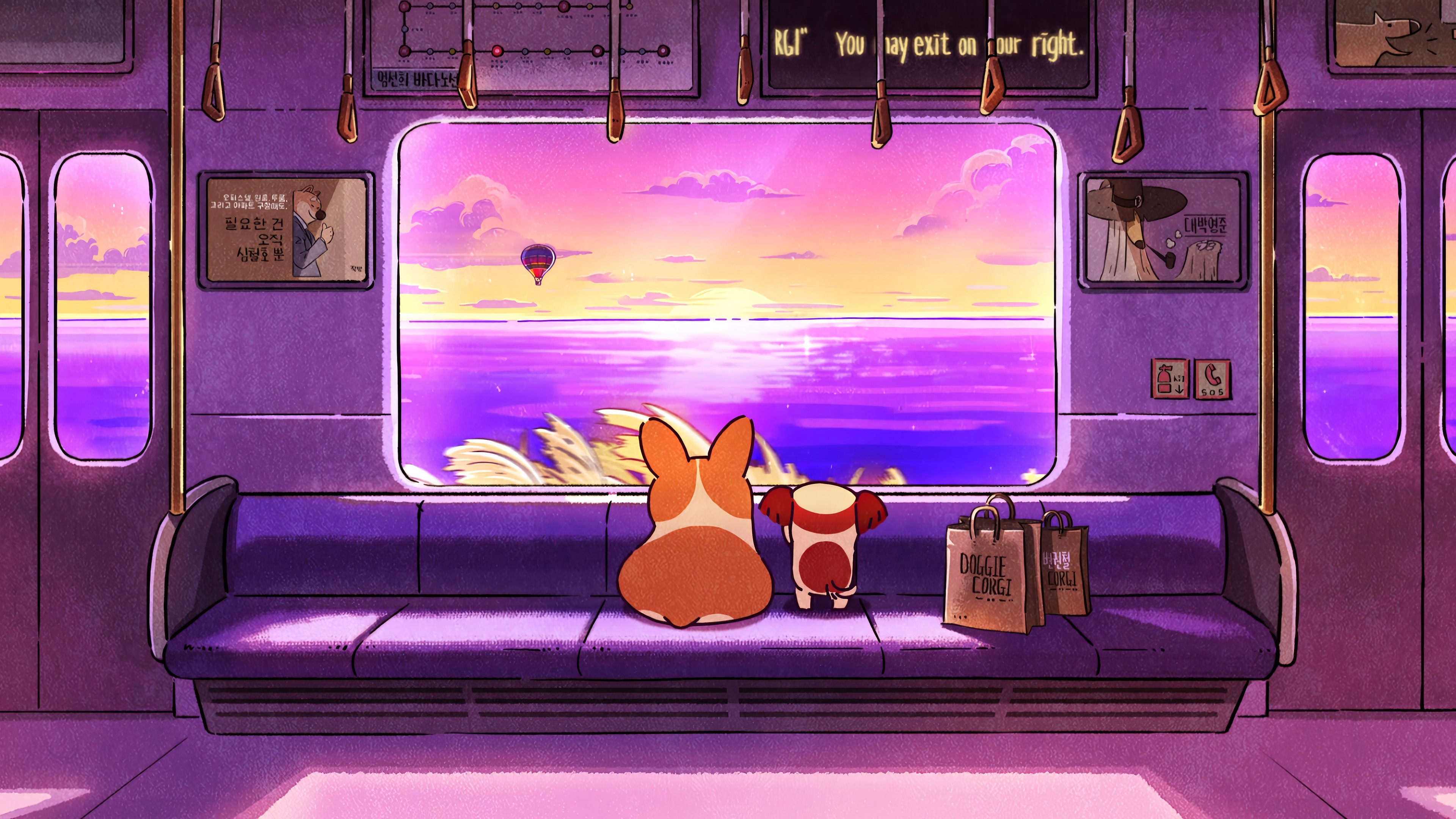 Corgis on a train watching a sunset 4K HD Wallpaper