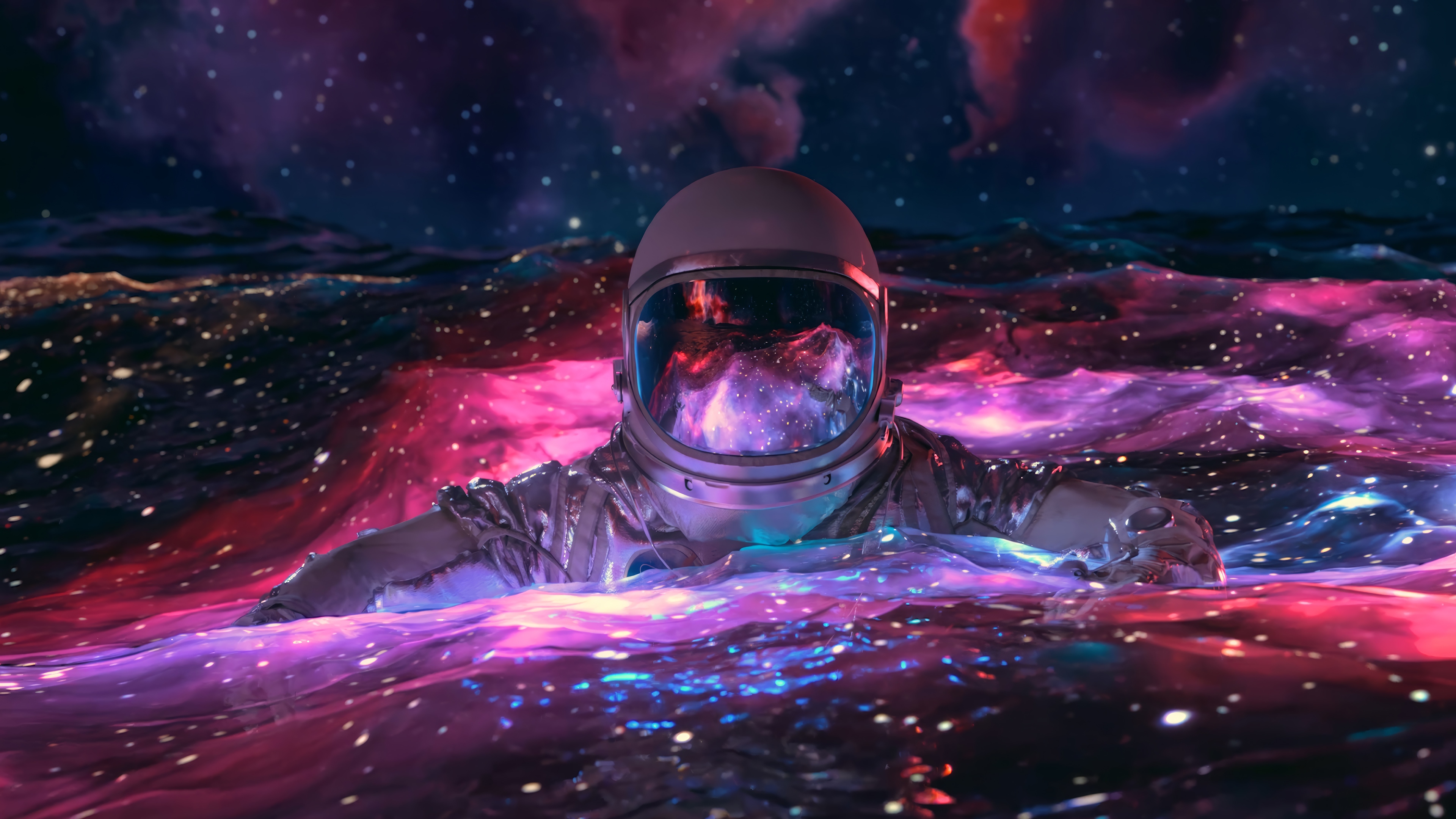 Astronaut swimming in a cosmic ocean 4K HD Wallpaper