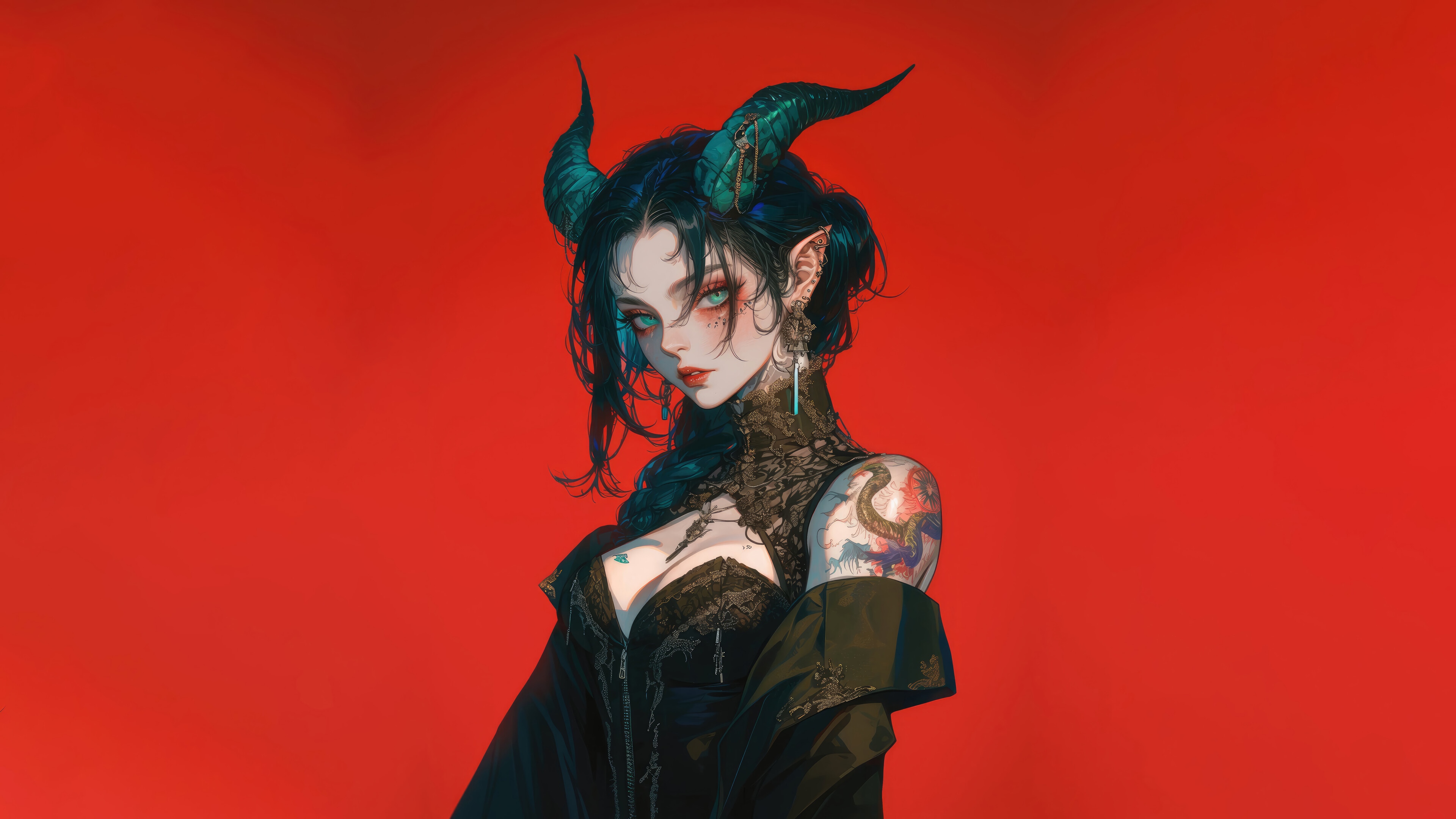 Demon Girl with Blue Hair and Horns 4K HD Wallpaper