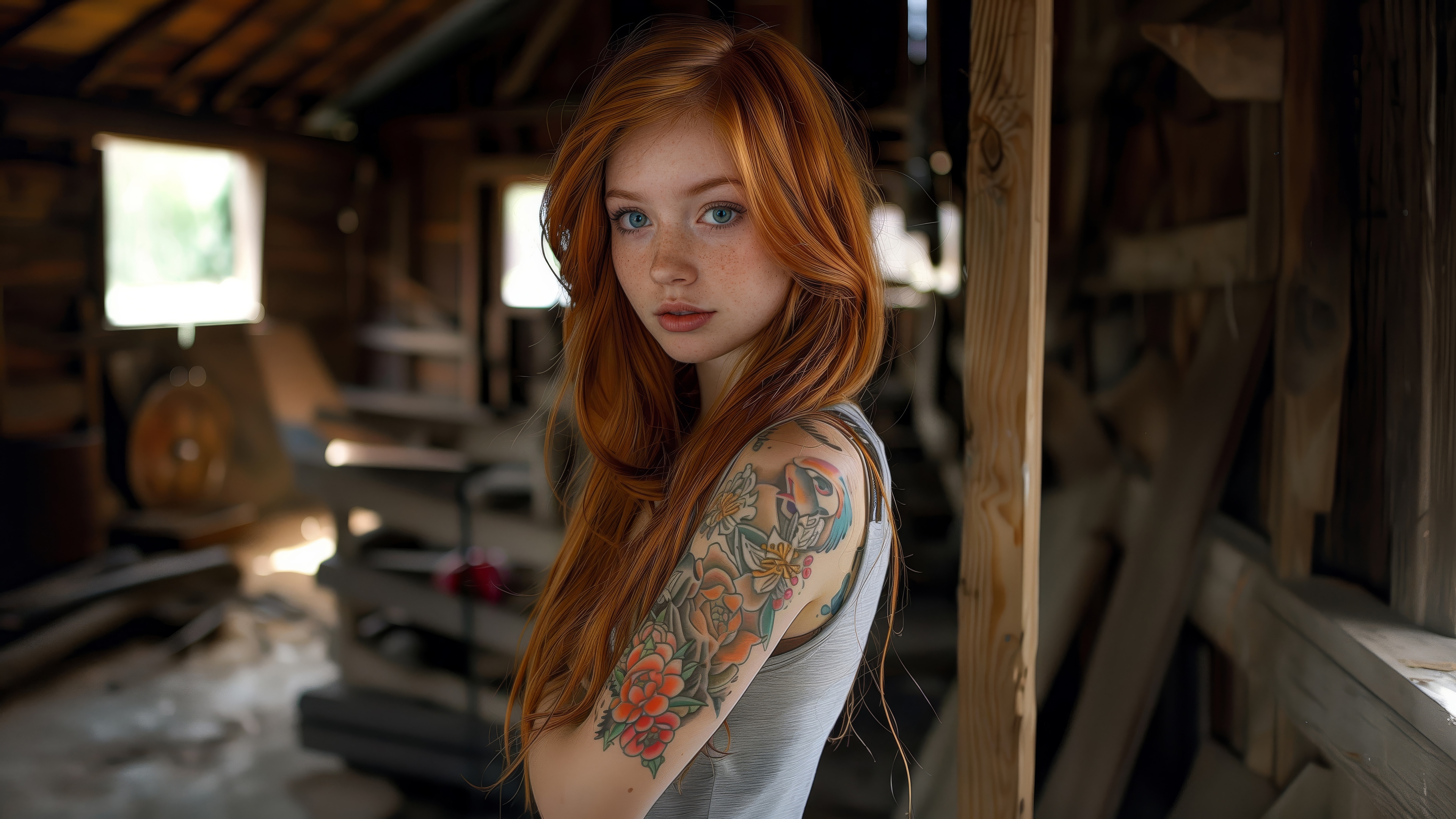 Woman with red hair and tattoos in a barn HD Wallpaper
