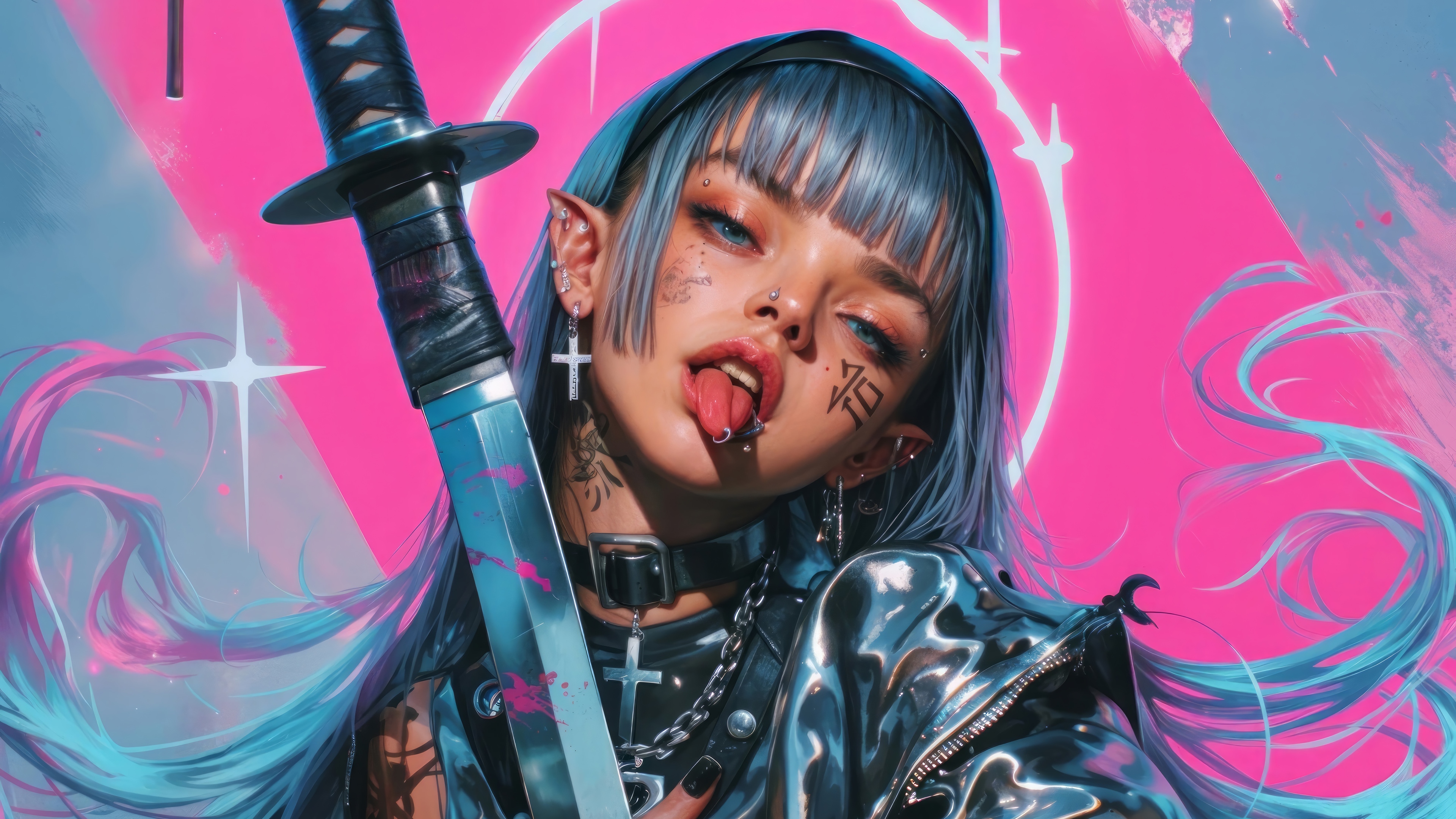 Anime Girl with Katana and Tongue Out 4K HD Wallpaper