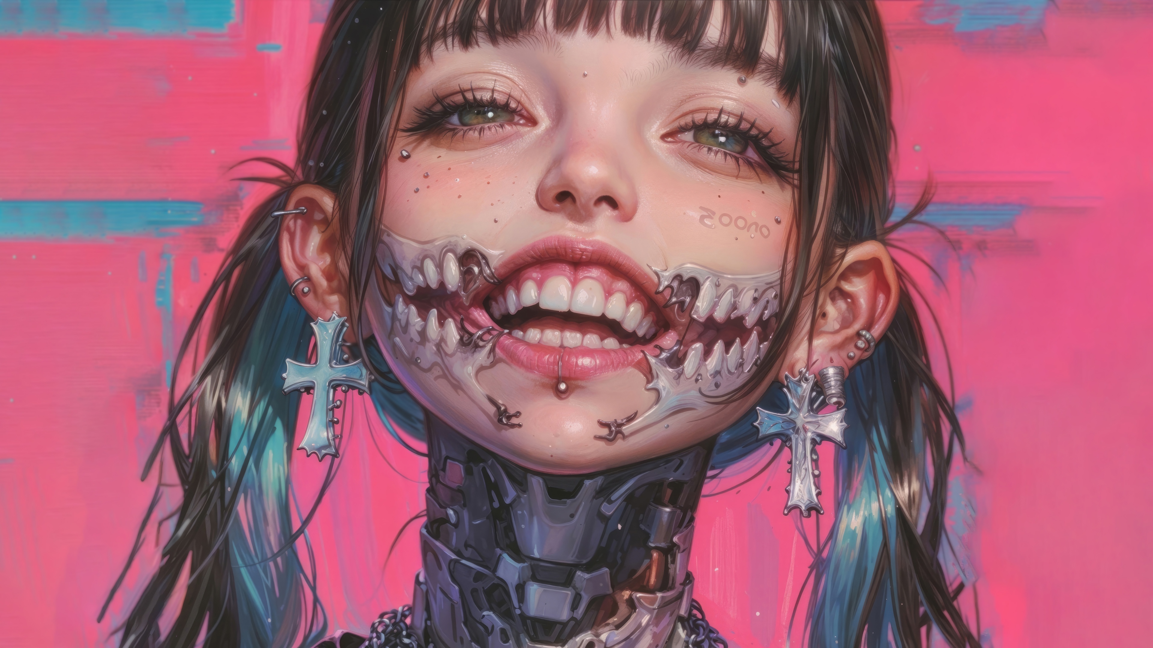 Cyberpunk Anime Girl with Mechanical Neck and Cross Earrings 4K HD Wallpaper
