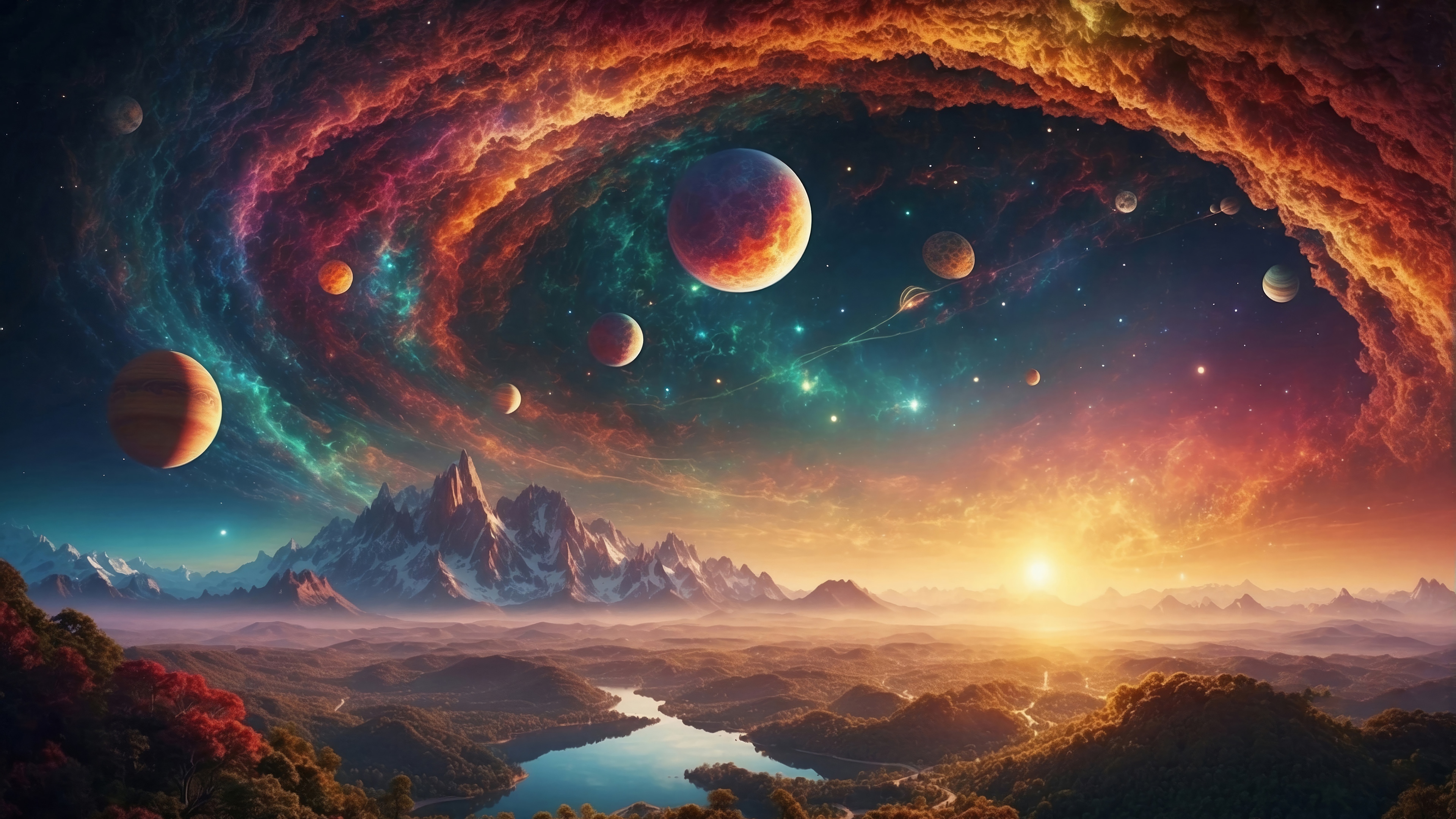 Planets and Nebula in a Cosmic Sunset 4K HD Wallpaper