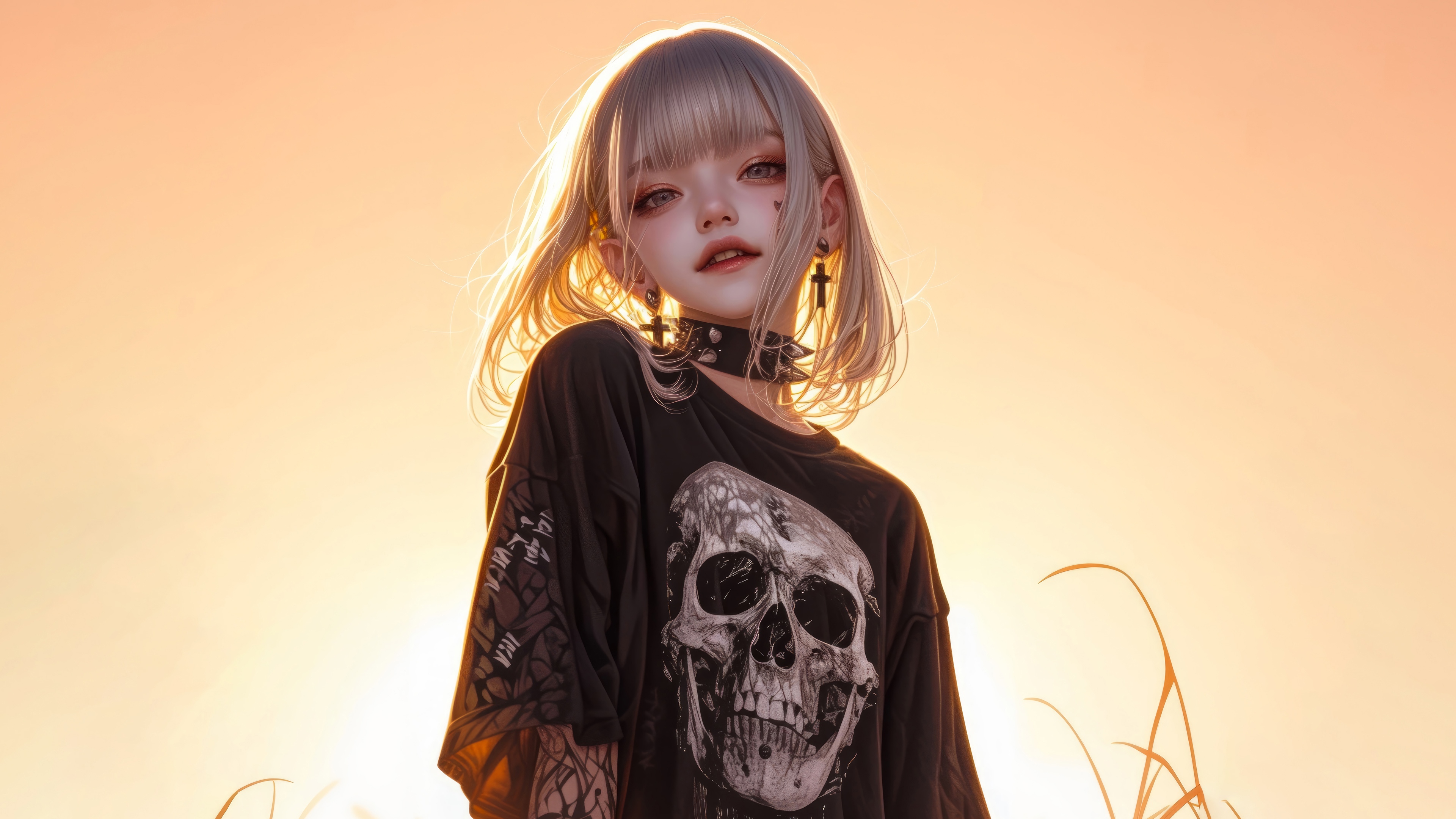 Anime Girl with Skull T-shirt and Cross Earrings 4K HD Wallpaper