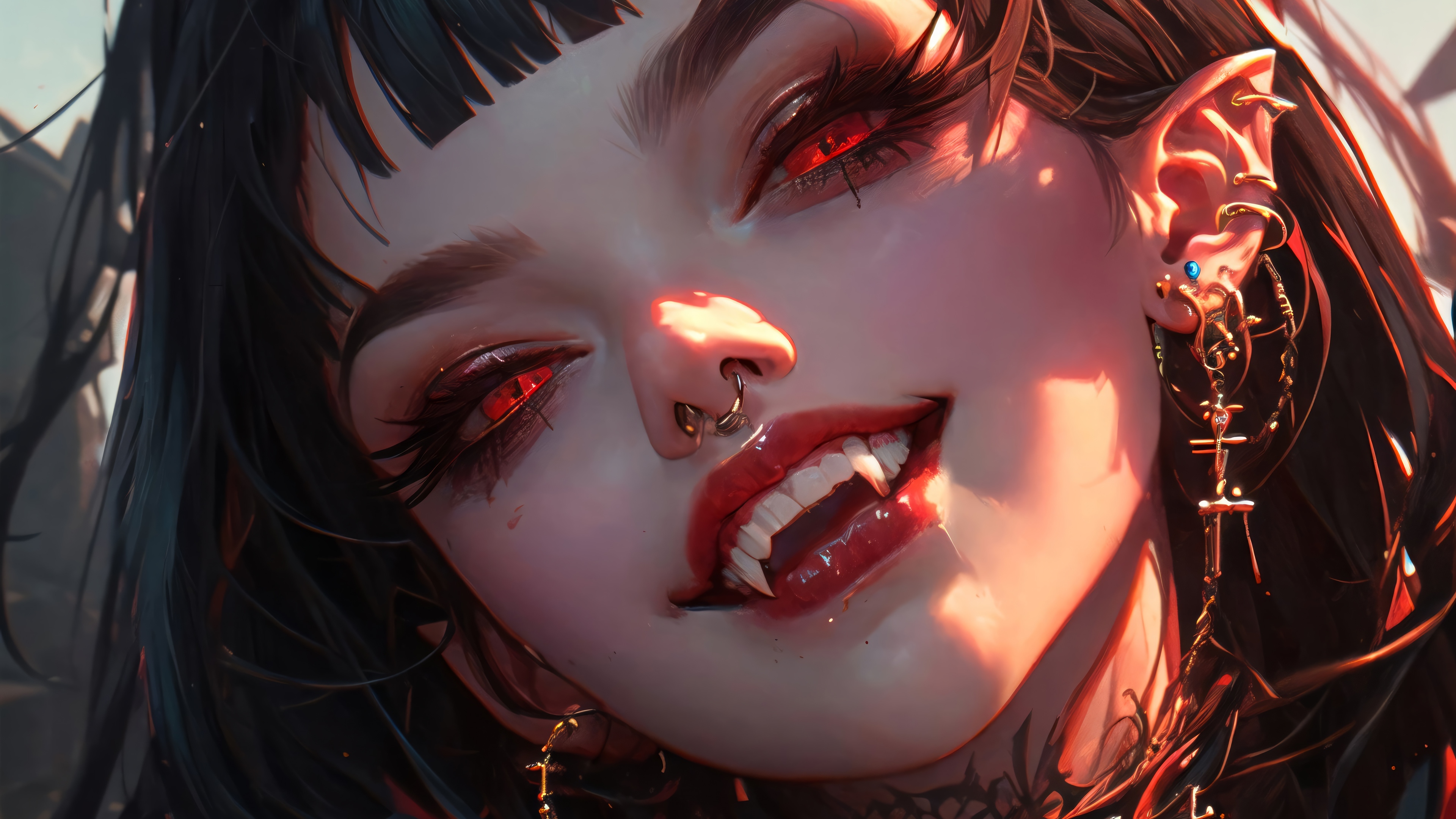 Anime Vampire Girl with Fangs and Red Eyes 4K HD Wallpaper