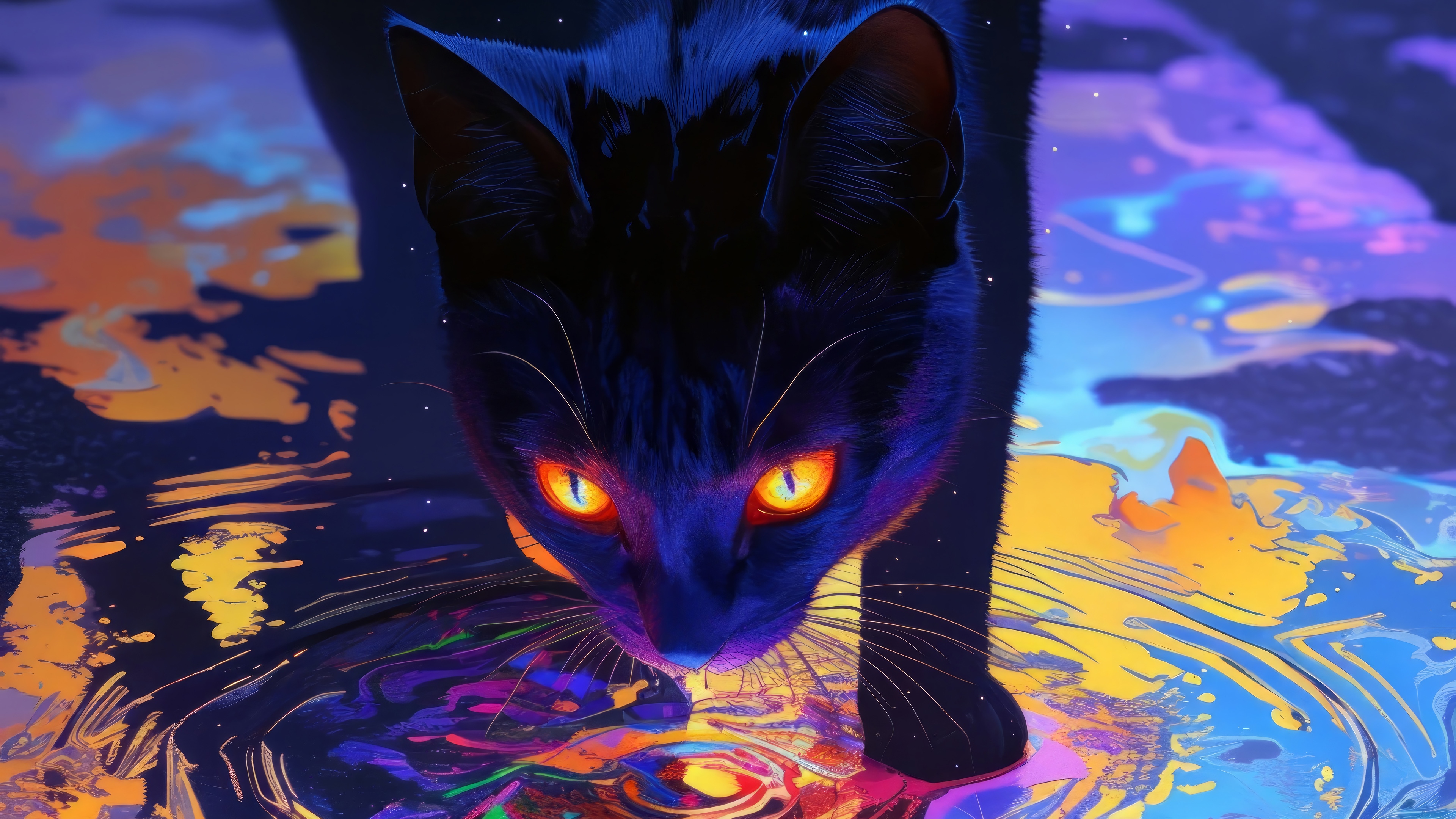 Black Cat with Glowing Eyes on Colorful Surface 4K HD Wallpaper