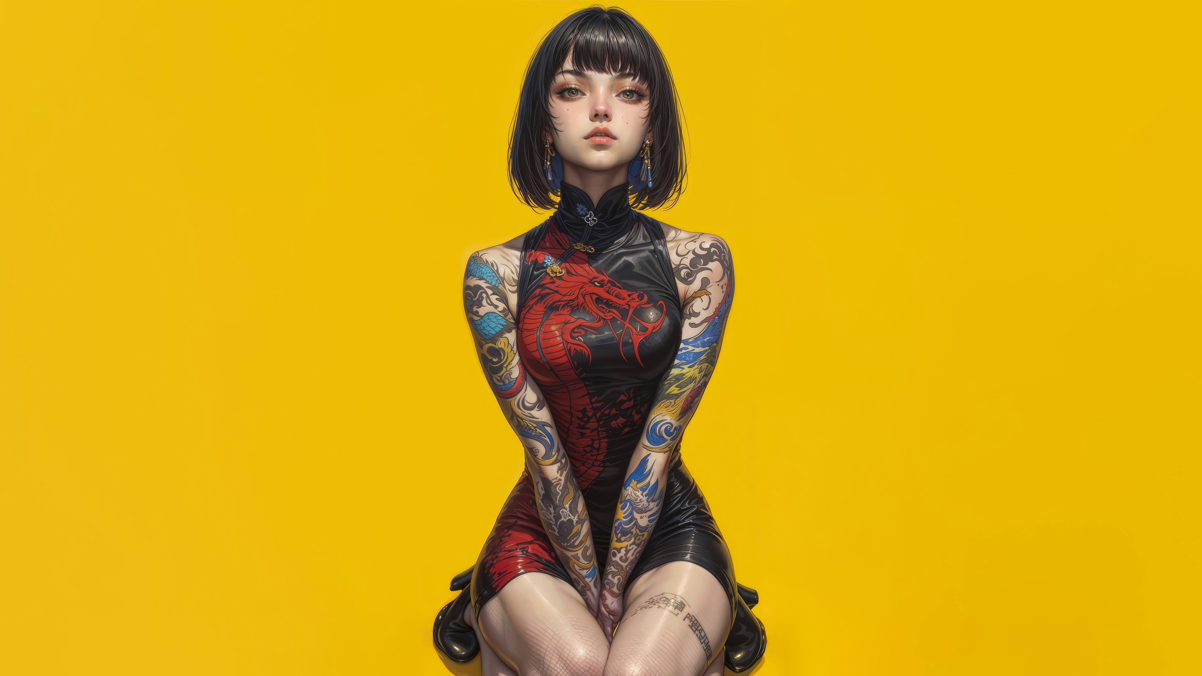 Anime Girl with Dragon Tattoo HD Wallpaper