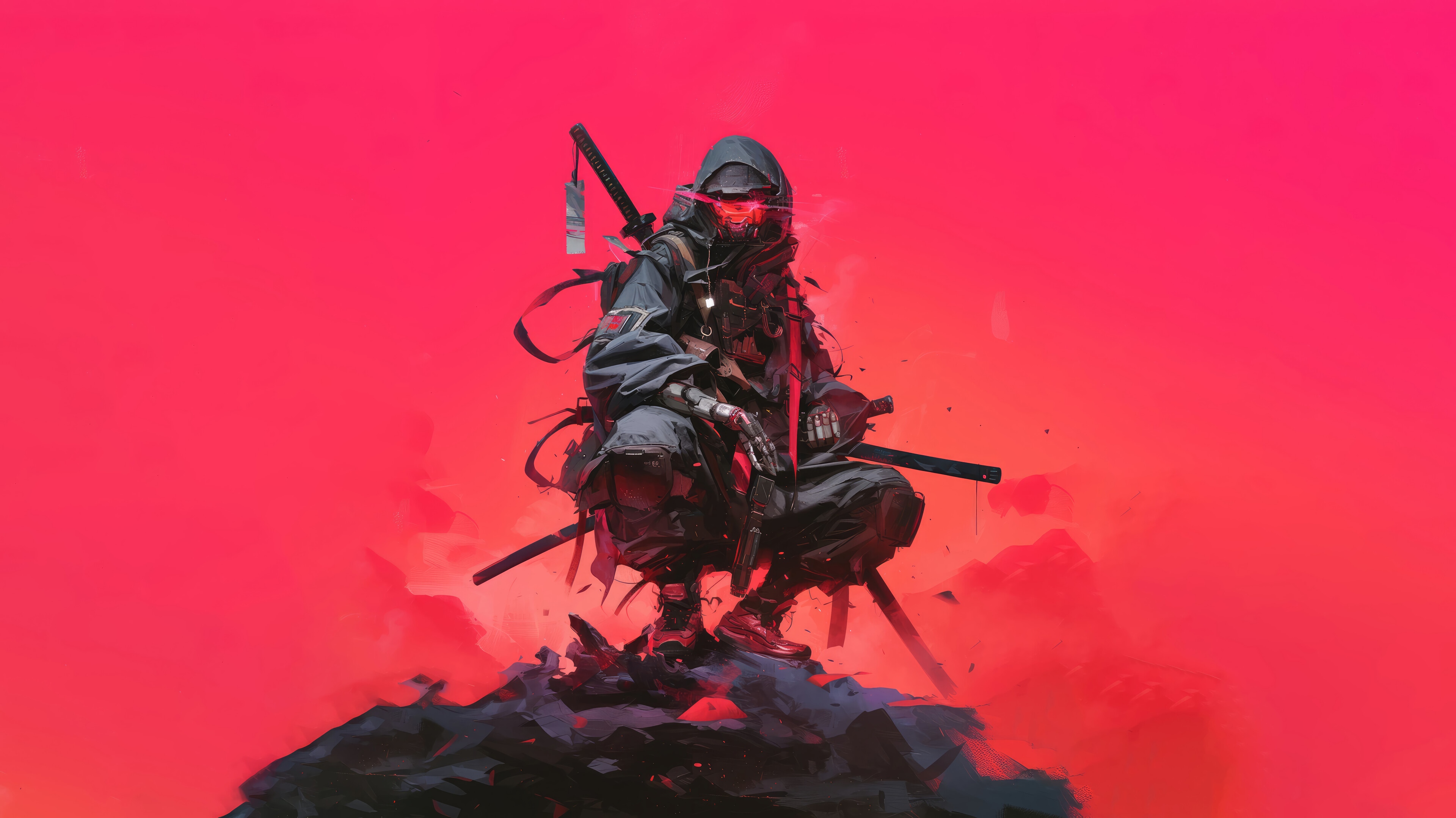 Cyberpunk Ninja with Katanas in 4K HD Wallpaper