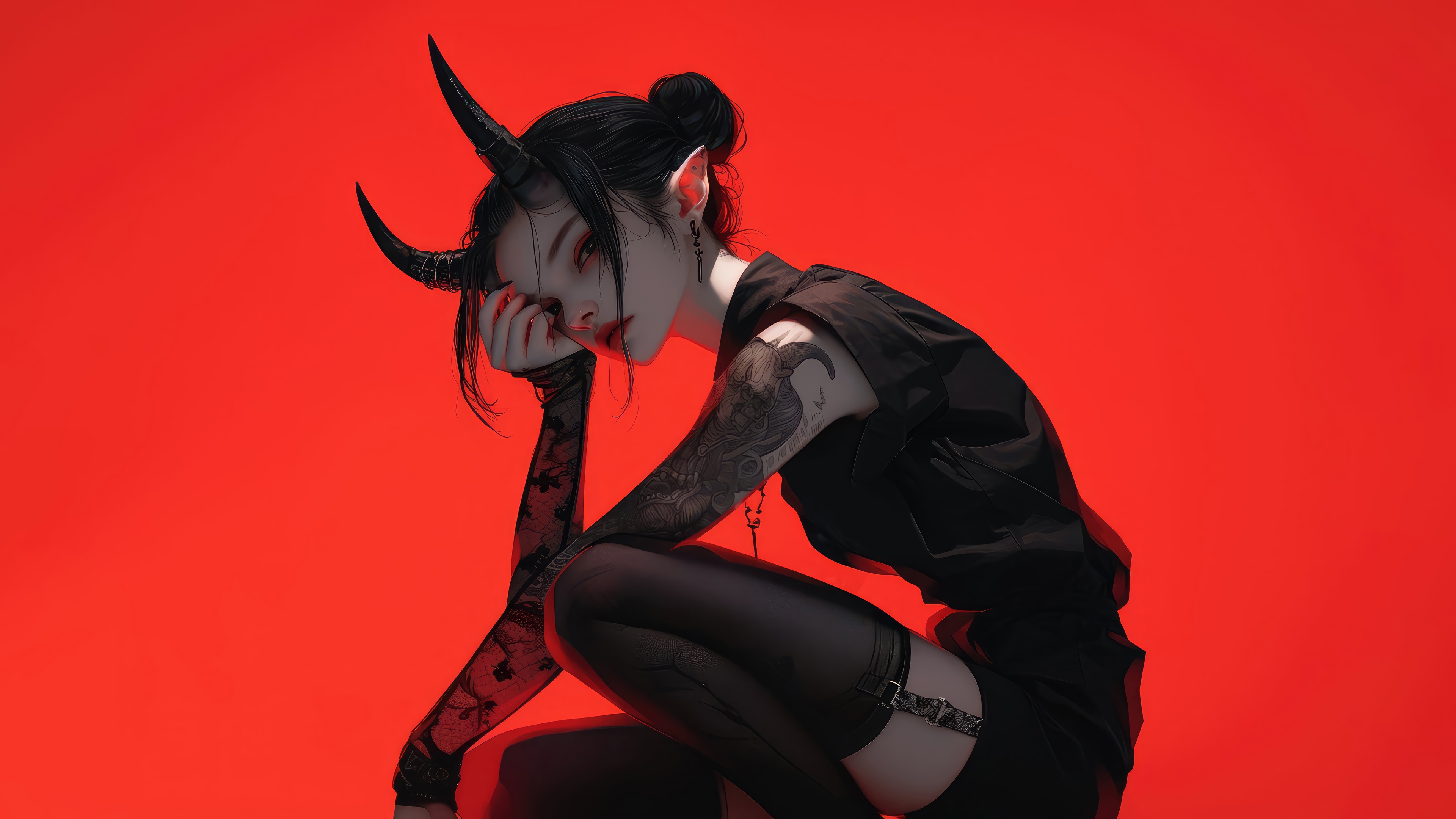Demon Girl with Horns and Tattoo 4K HD Wallpaper