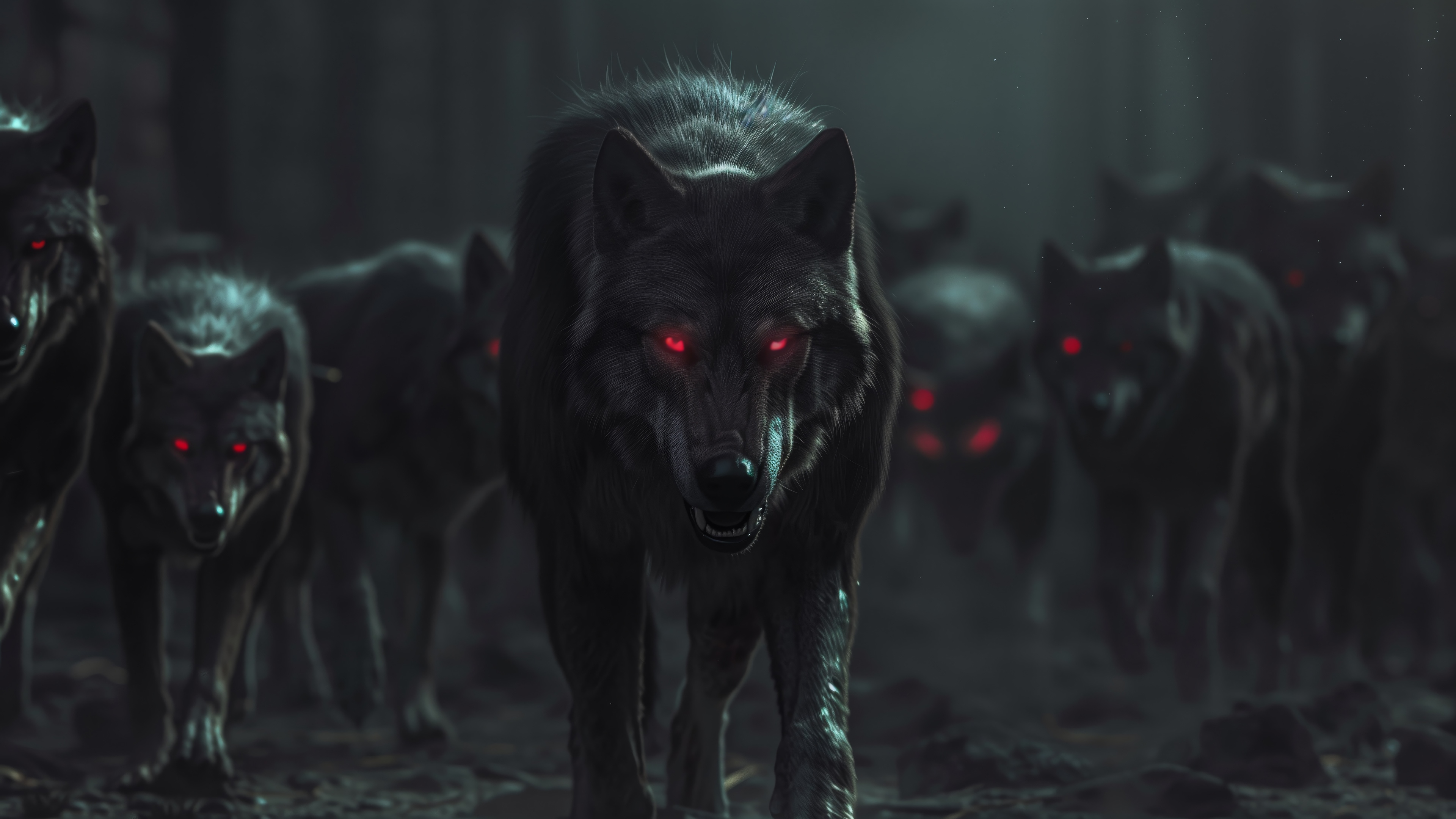 Pack of wolves with red eyes in a dark forest HD Wallpaper
