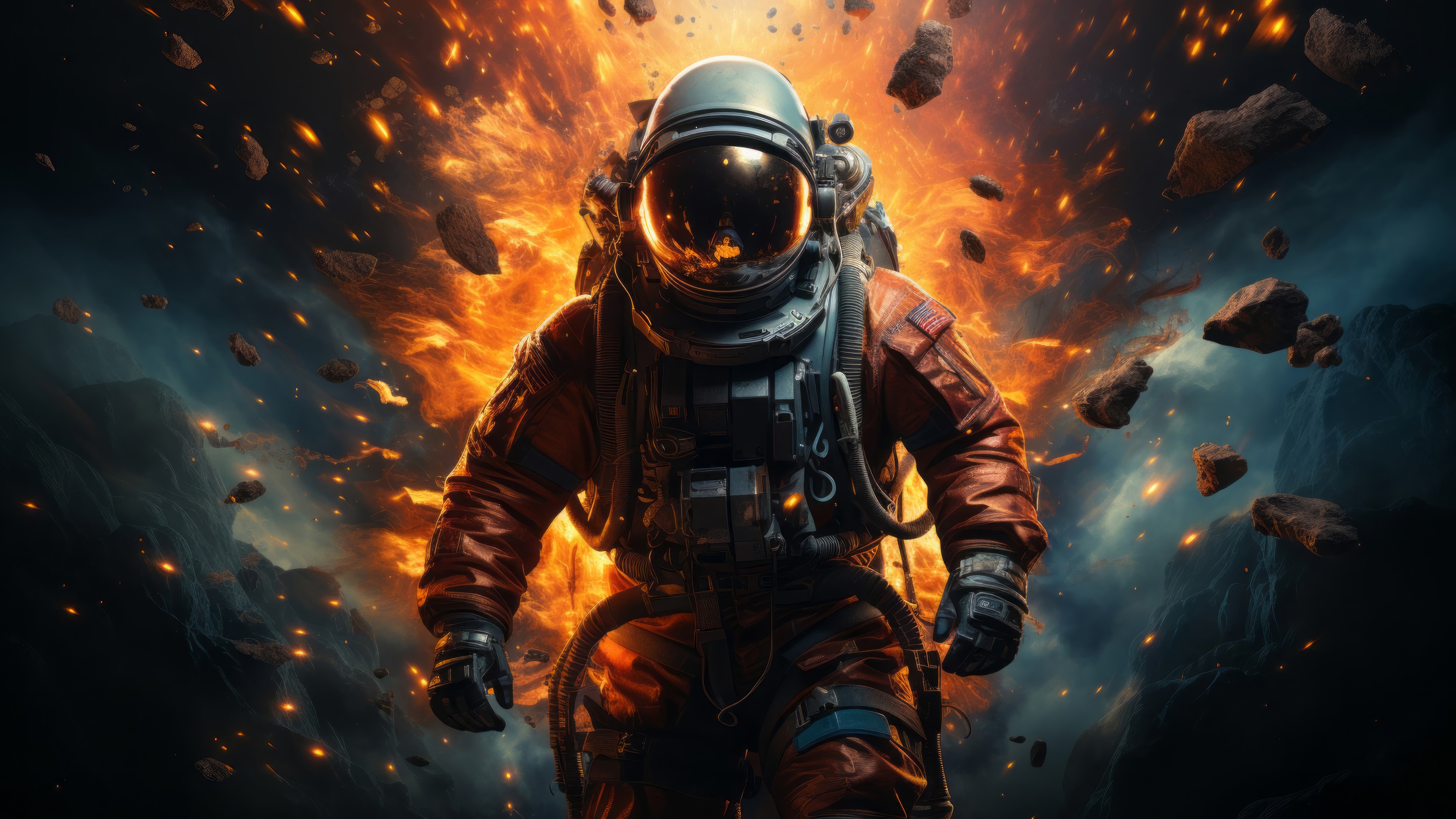 Astronaut in a fiery space explosion 4K HD Wallpaper