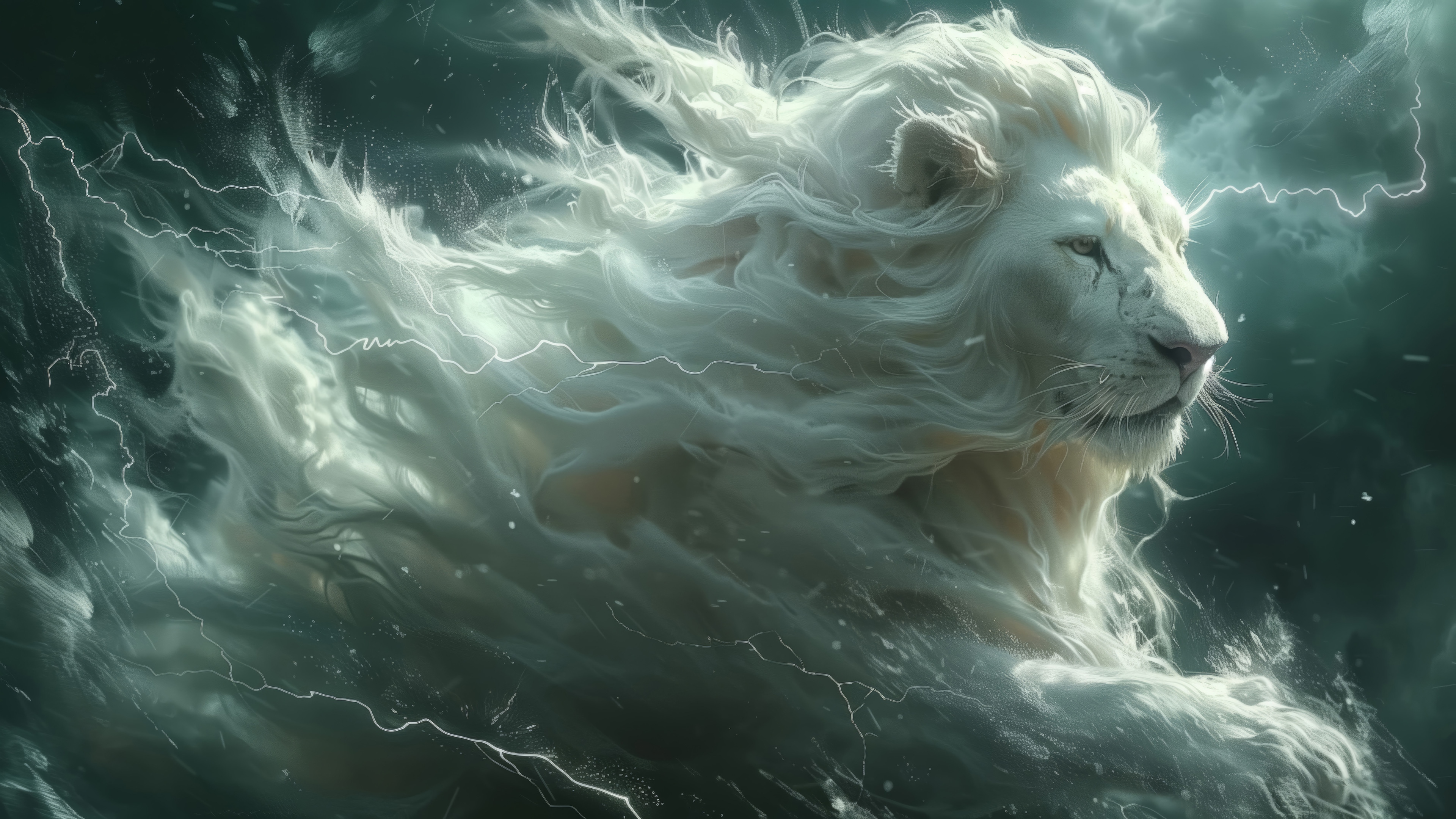 White Lion in a Lightning Storm 4K HD Wallpaper