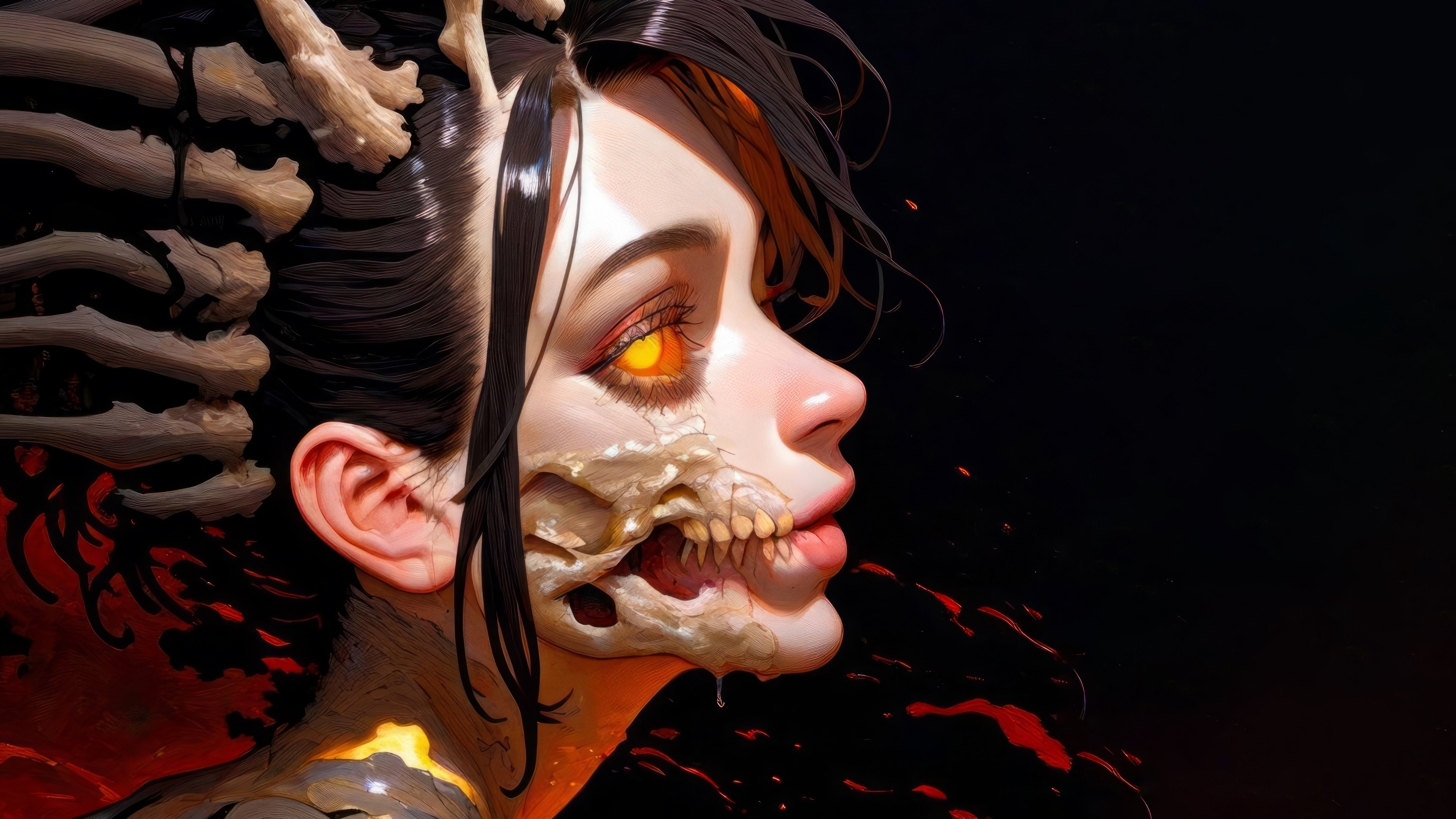 Fantasy girl with skeleton features and glowing eyes 4K HD Wallpaper