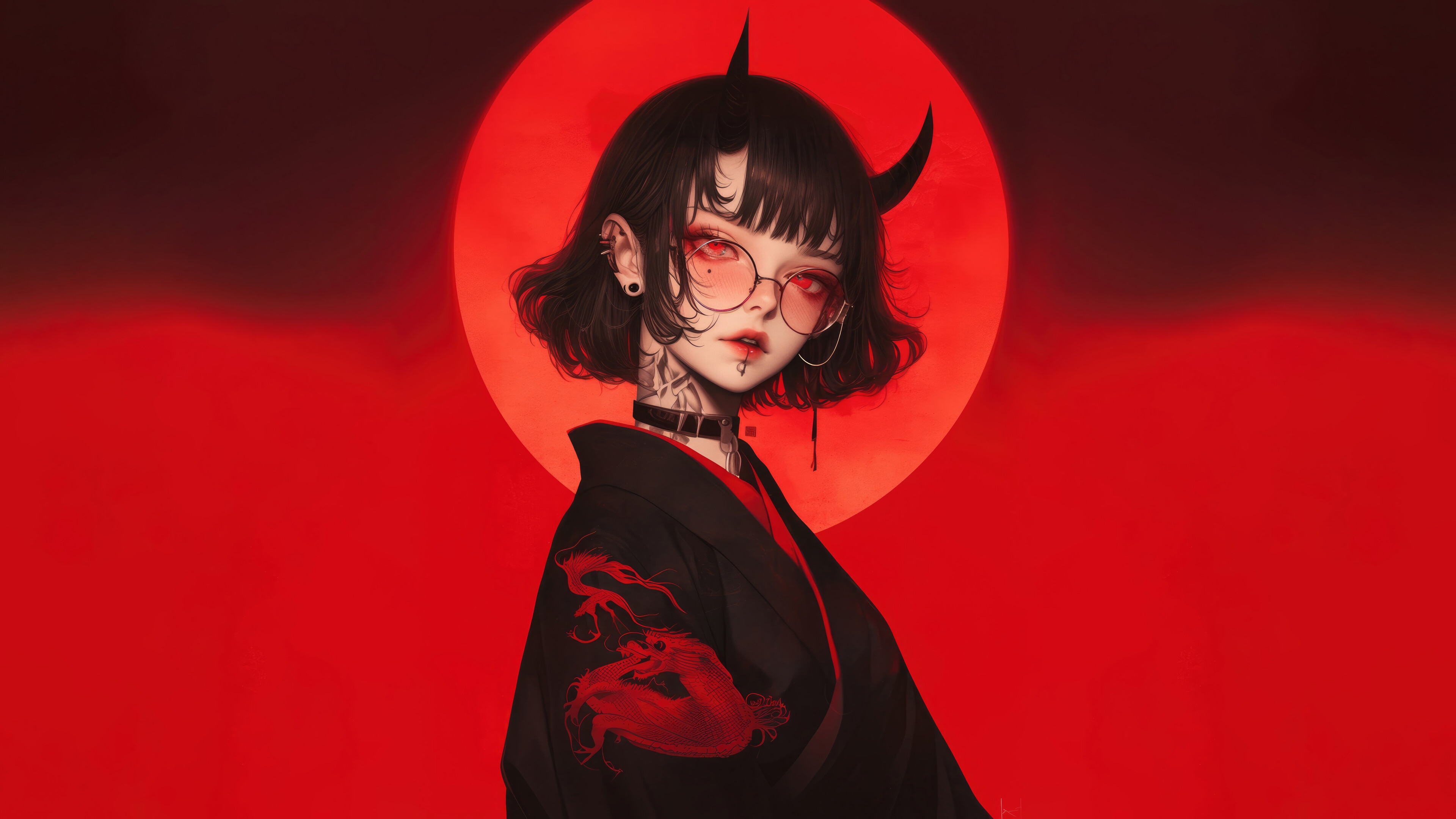 Anime Girl with Demon Horns and Glasses 4K HD Wallpaper