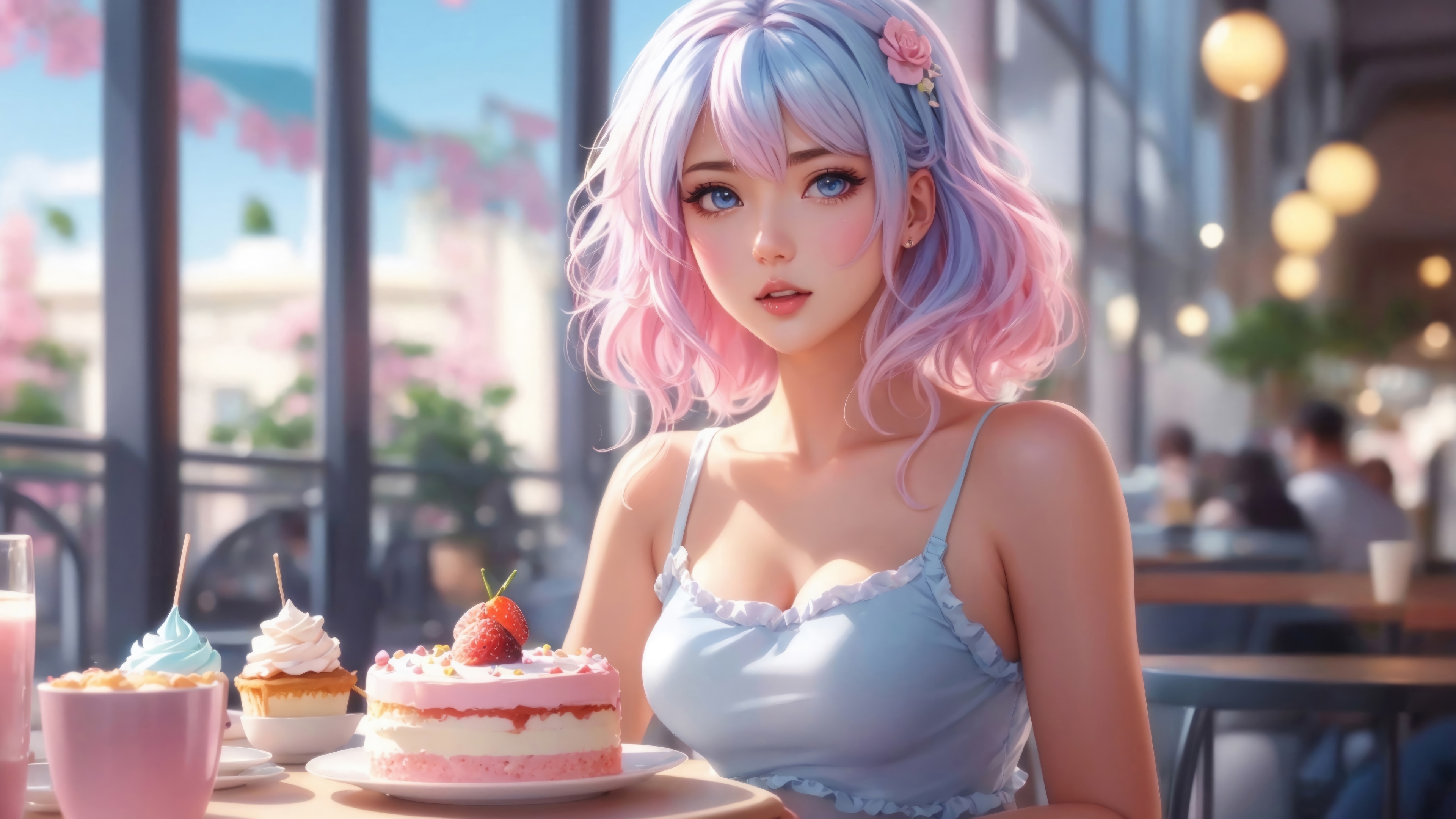 Anime Girl with Pink and Blue Hair at a Cafe with Cake 4K HD Wallpaper