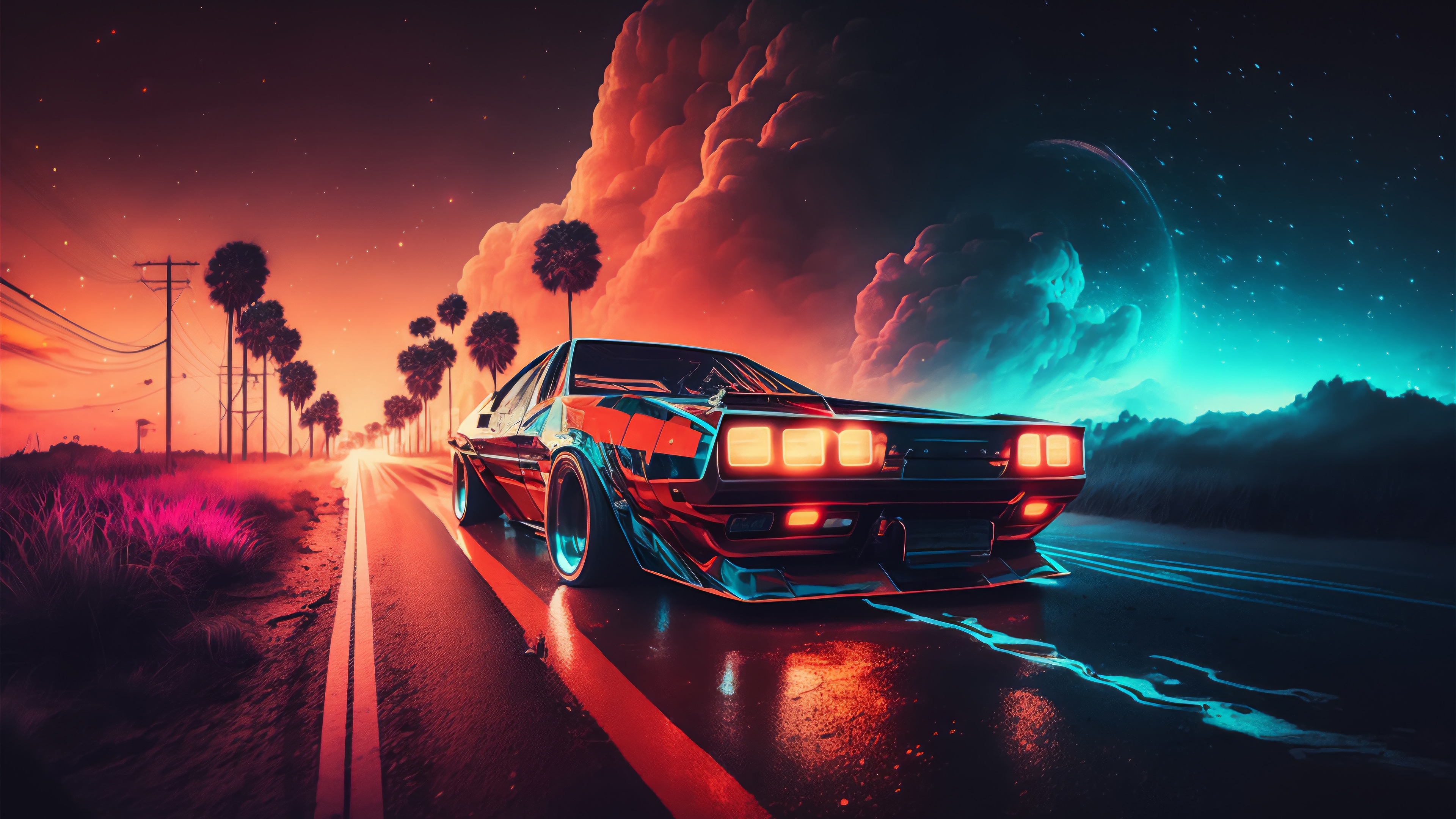 Sports Car on a Road at Sunset 4K HD Wallpaper