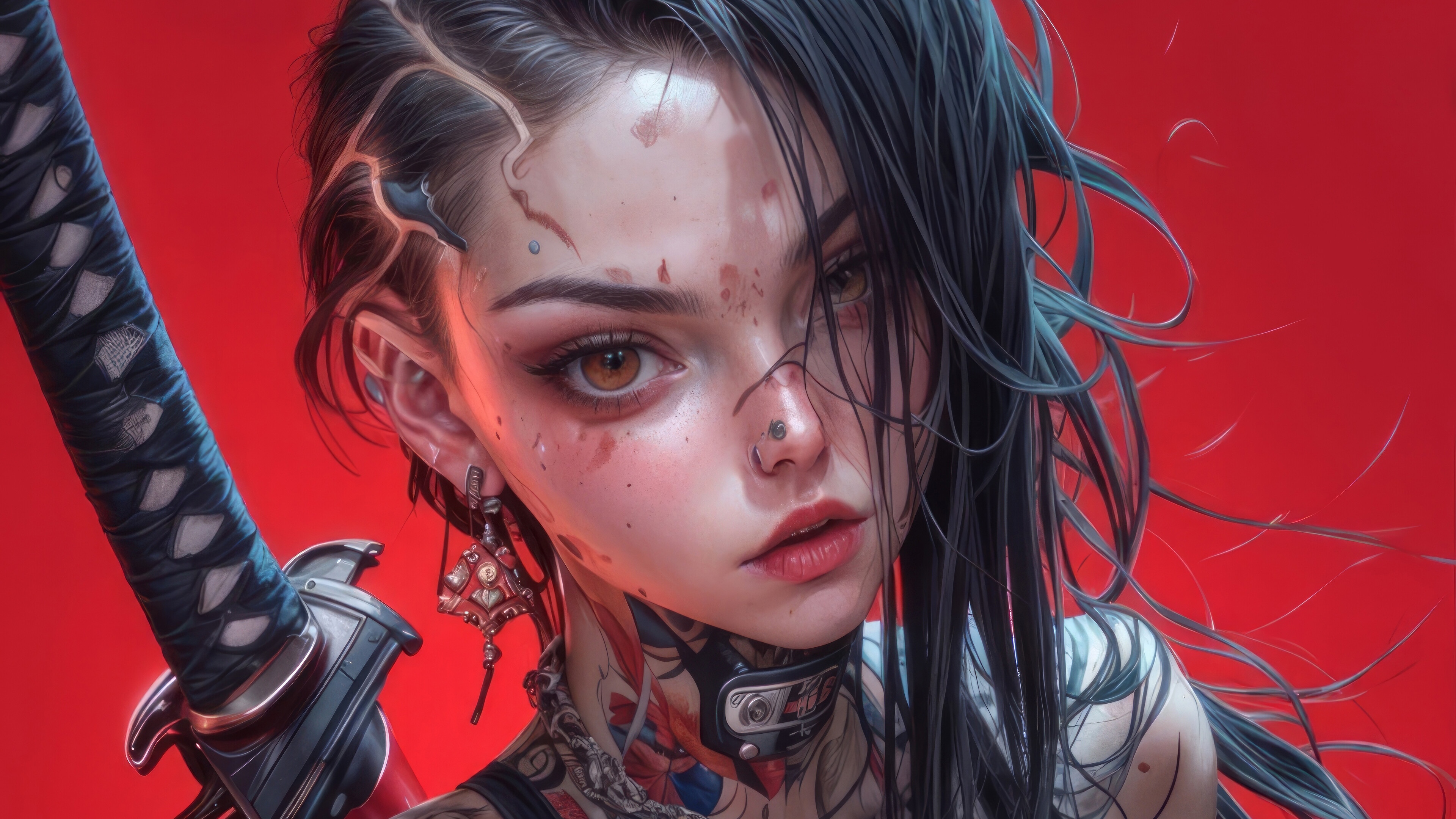 Anime Girl with Katana and Tattoos 4K HD Wallpaper