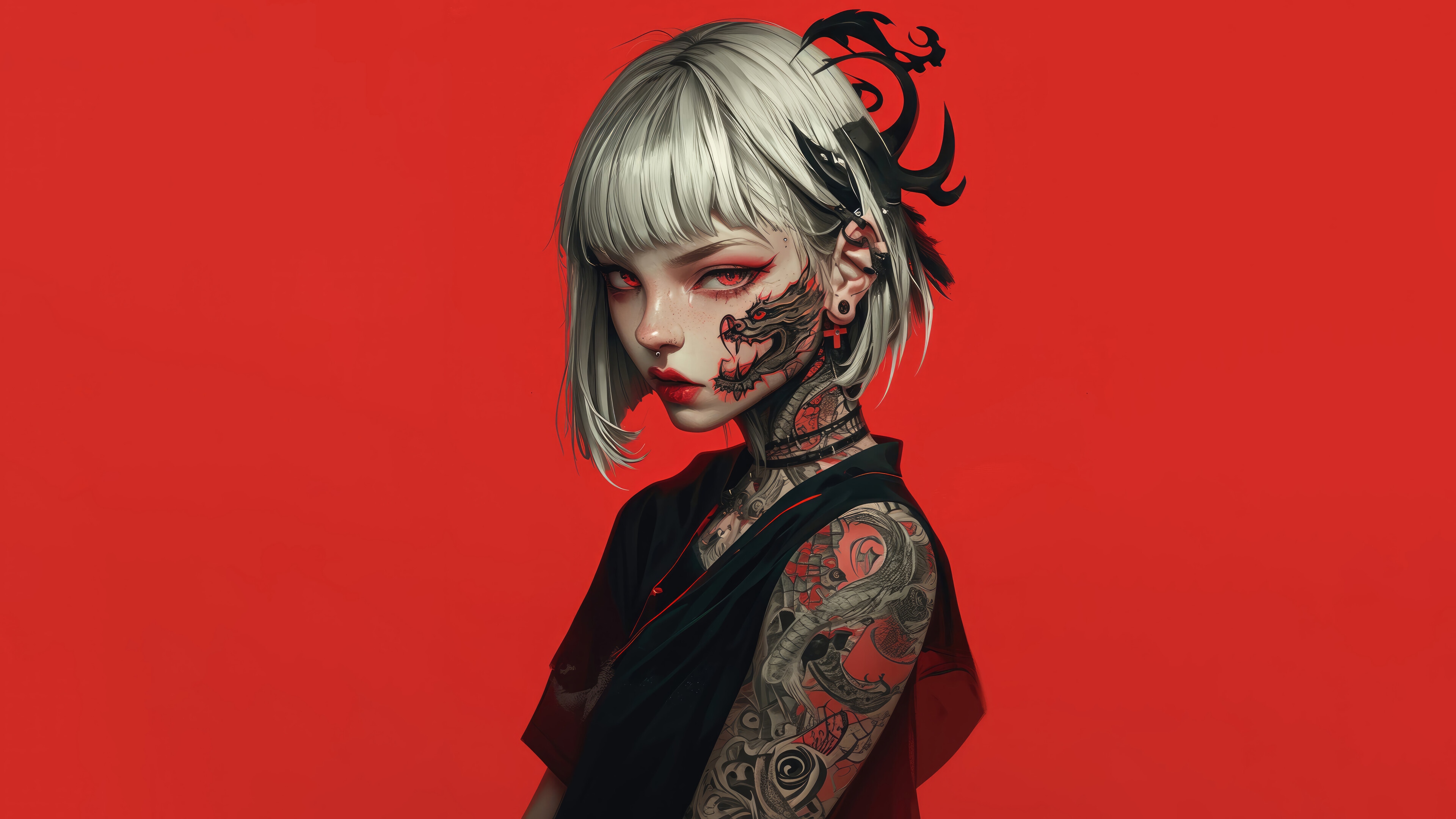 Anime girl with dragon tattoo 4K HD Wallpaper