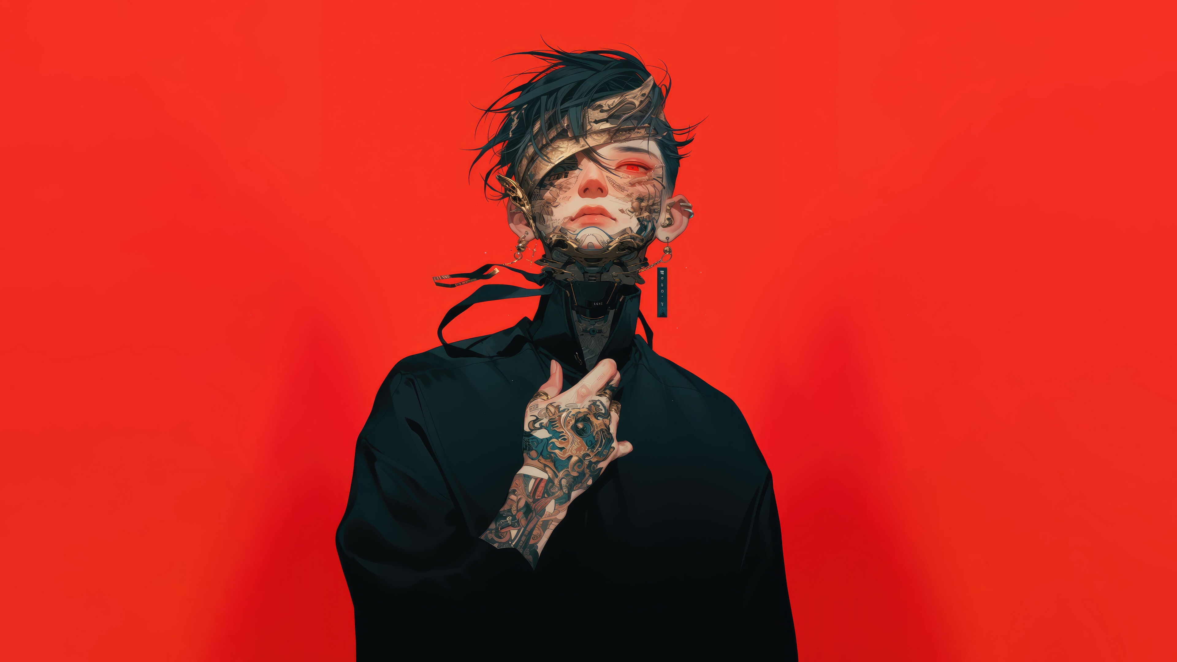 Anime Boy with Tattoos and Red Eyes HD Wallpaper