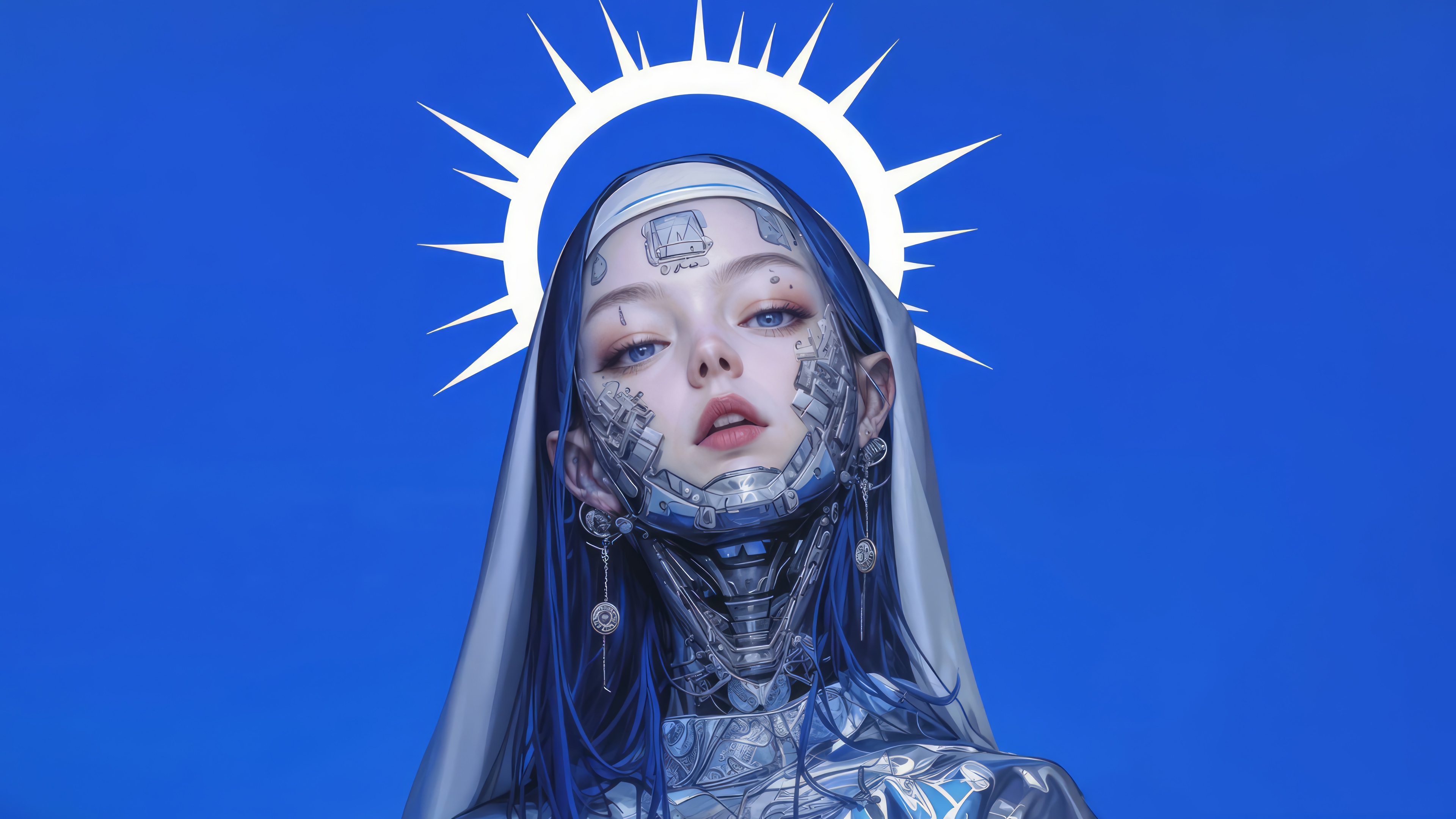 Cyberpunk Nun with Halo in Sci-Fi Anime Style 4K HD Wallpaper