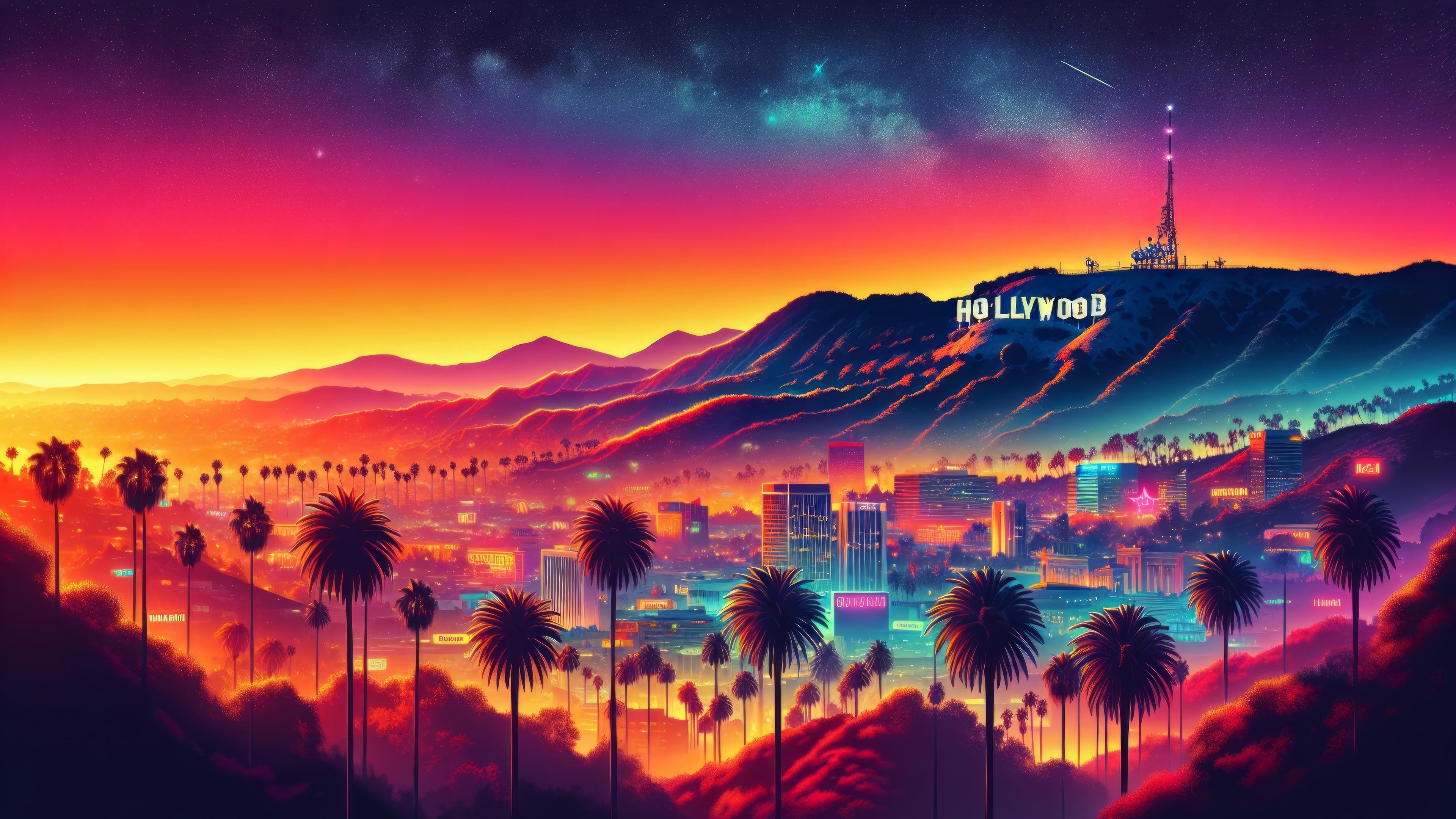 Hollywood Cityscape at Sunset with Palm Trees 4K HD Wallpaper