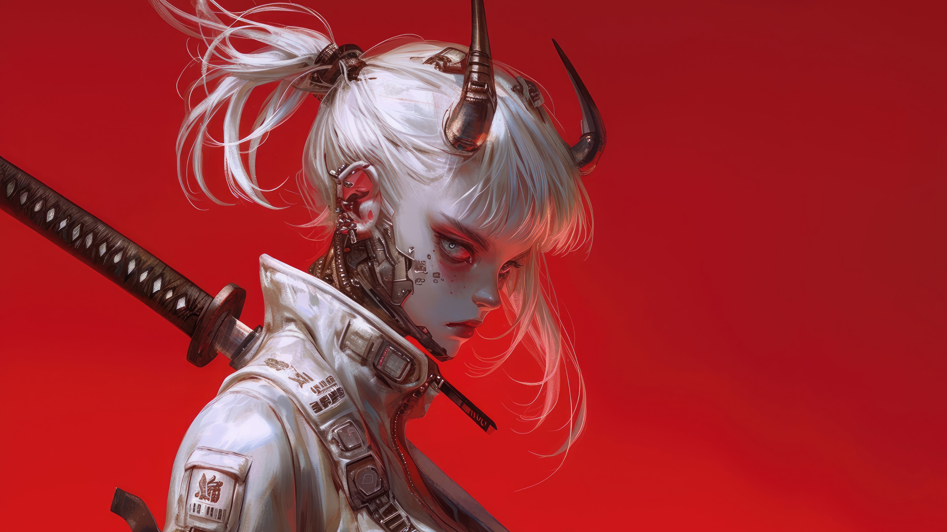 Cyberpunk Anime Girl with Katana and Horns 4K HD Wallpaper