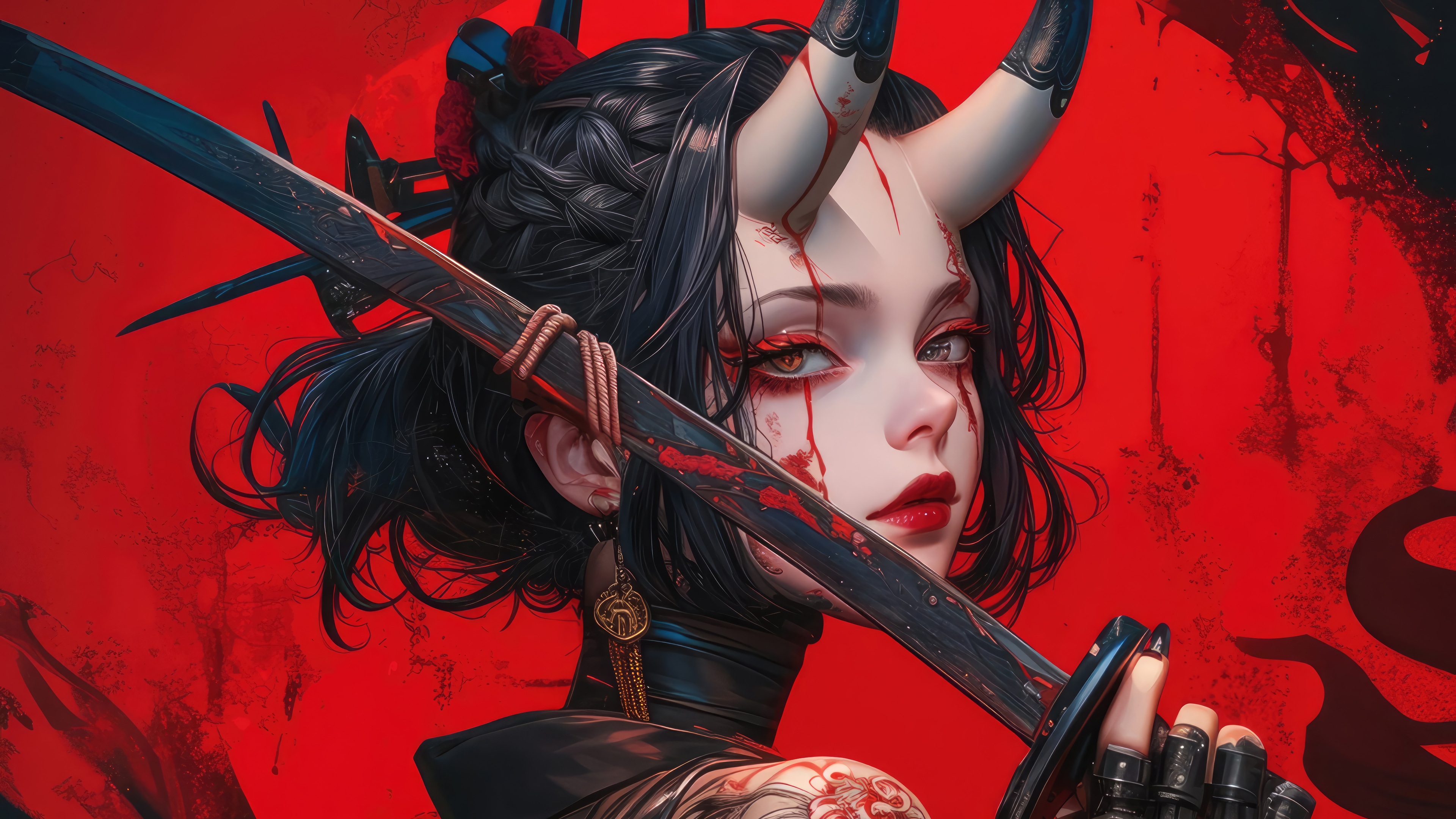 Anime Girl with Horns and Katana in 4K HD Wallpaper