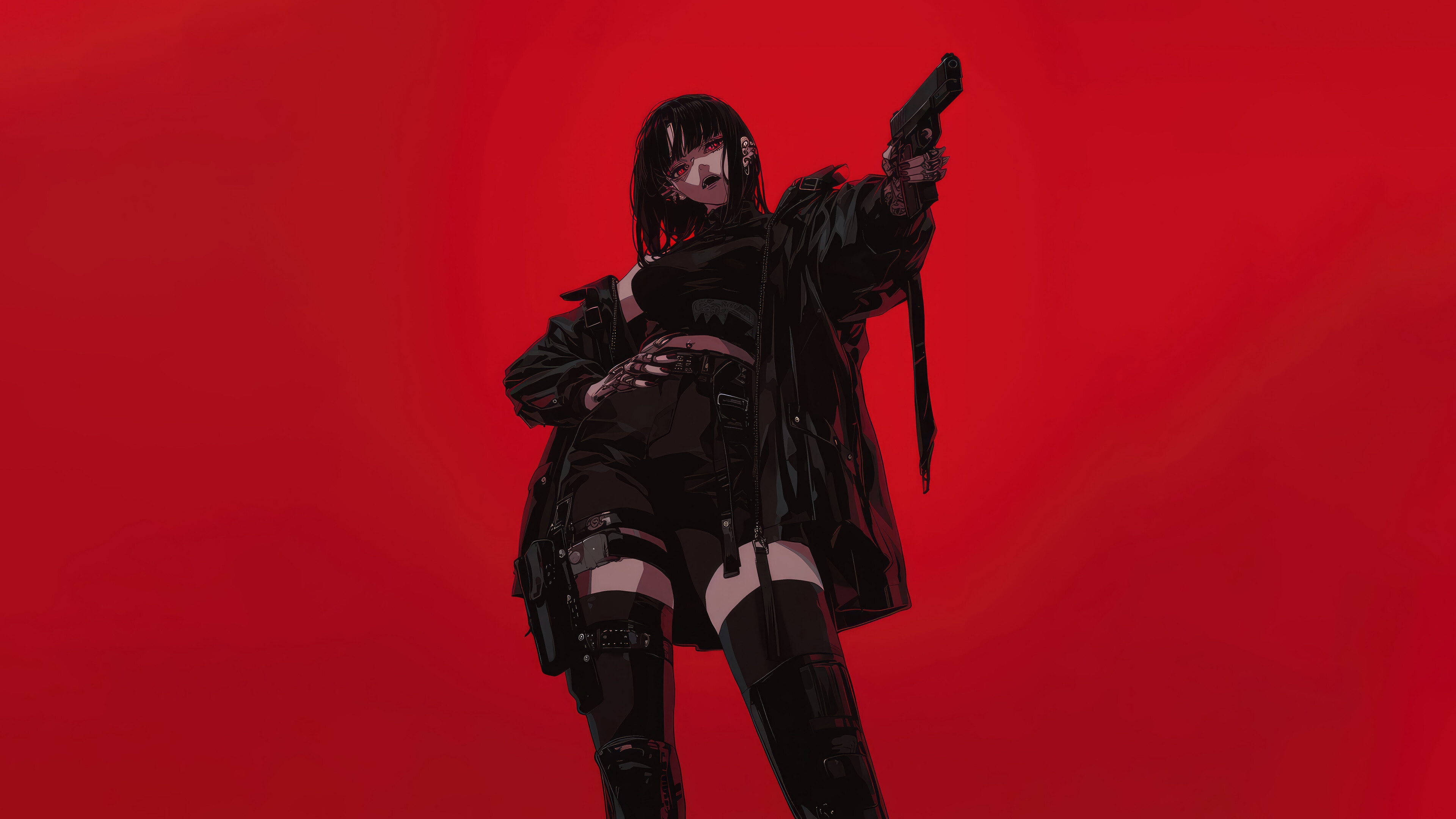 Anime Girl with Gun on Red Background 4K HD Wallpaper