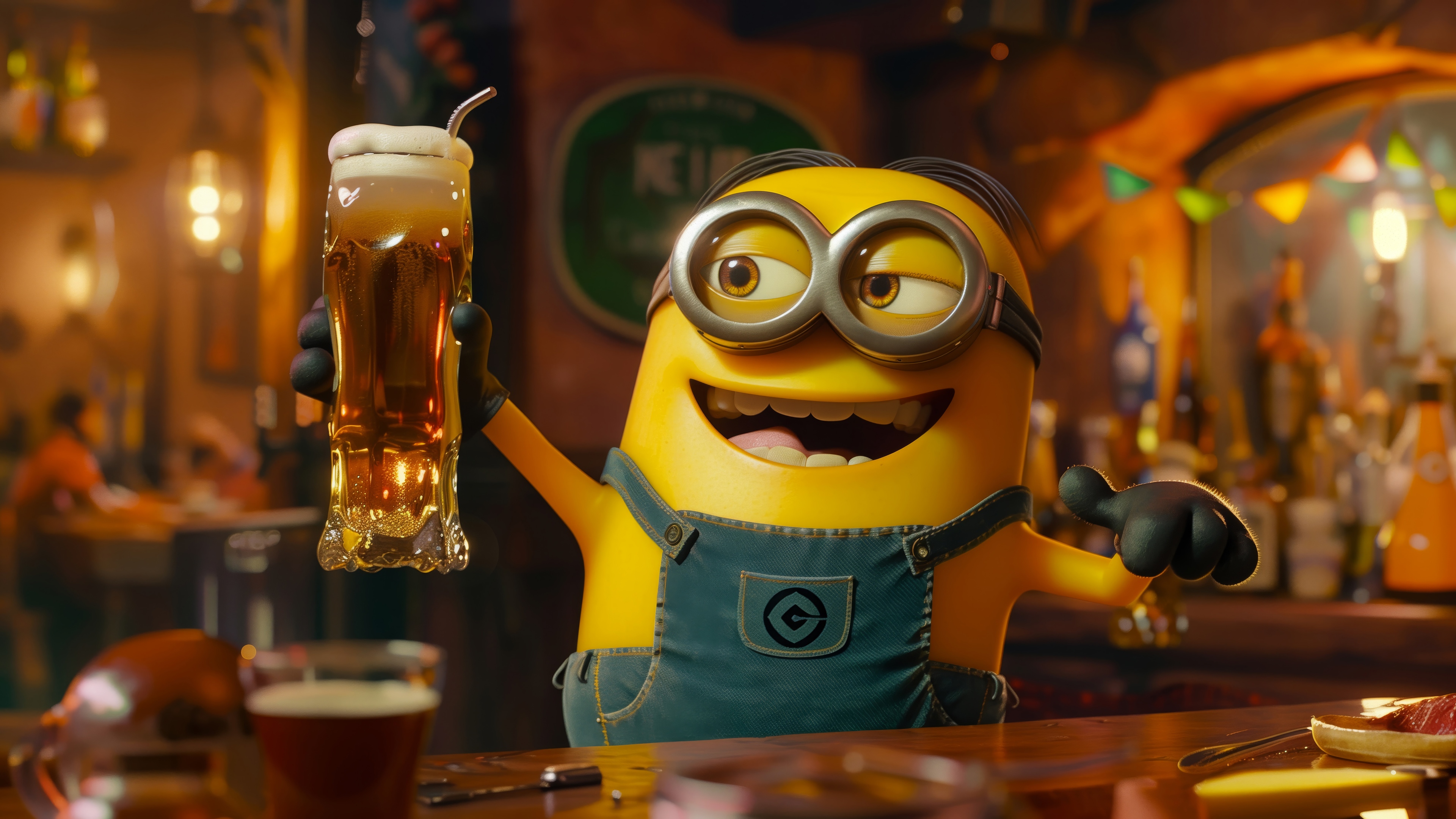 Minion holding a beer in a bar HD Wallpaper