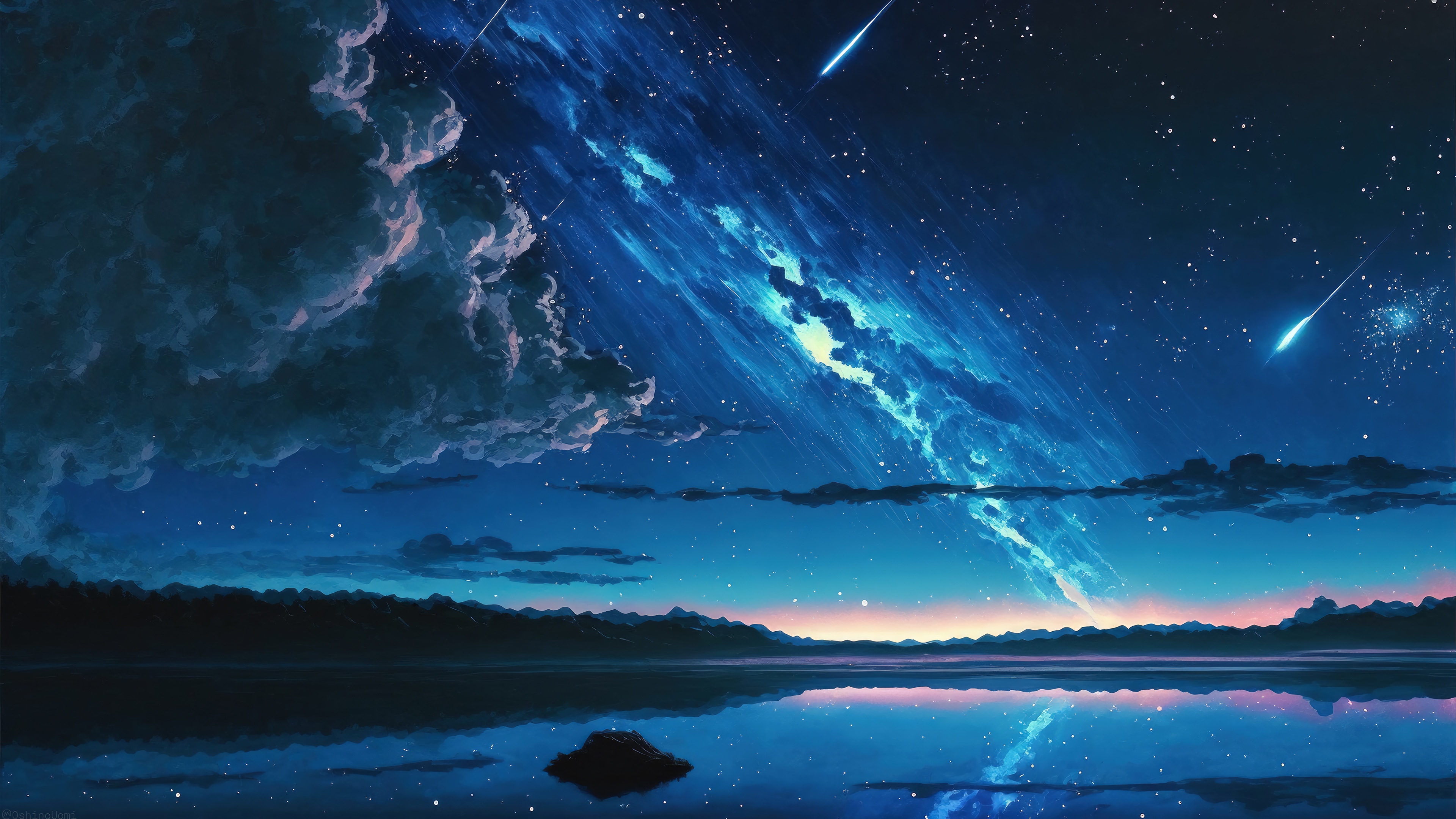 Anime Night Sky with Shooting Stars Over Lake 4K HD Wallpaper