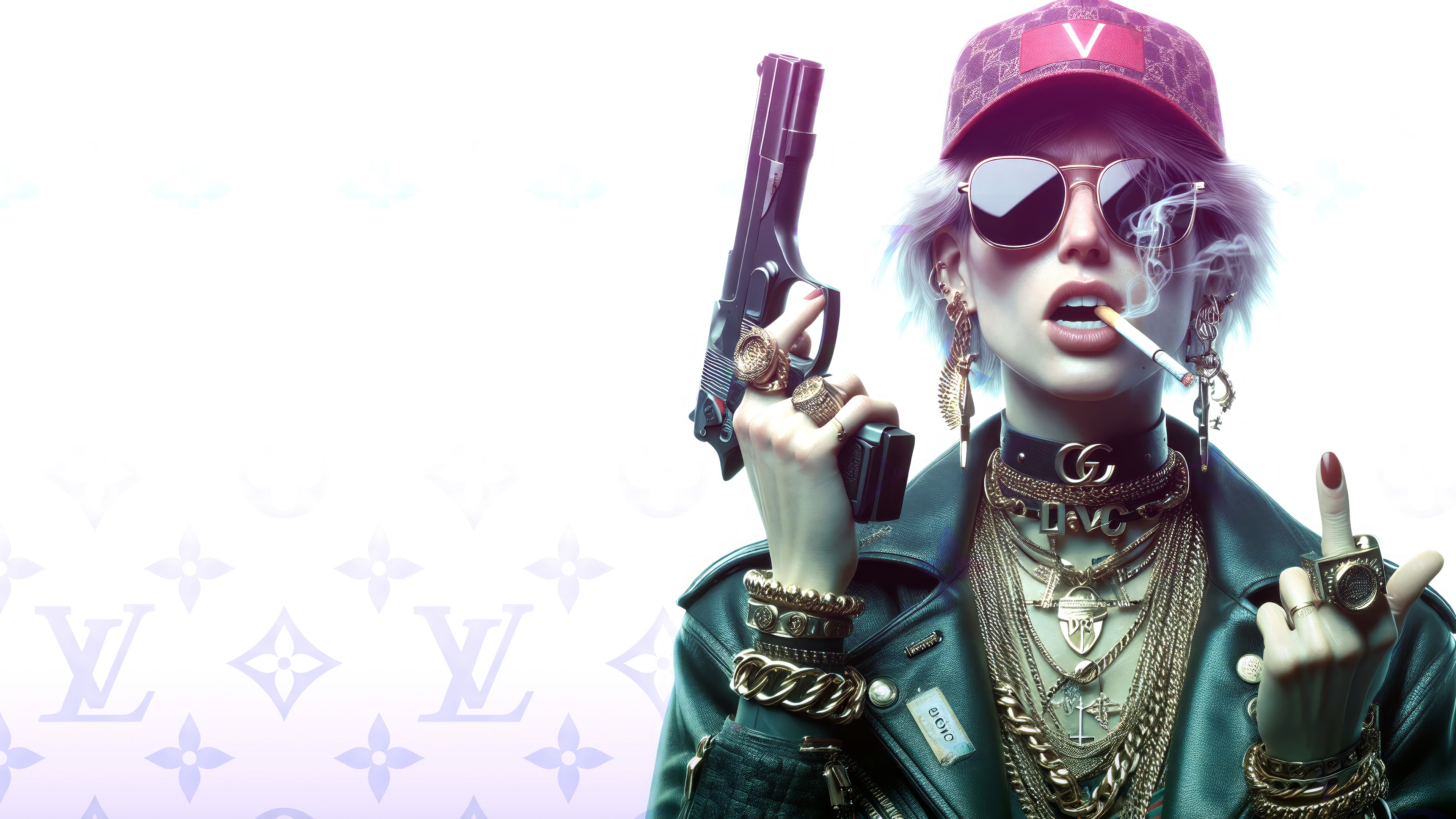 Girl Smoking with Gun and Designer Accessories 4K HD Wallpaper
