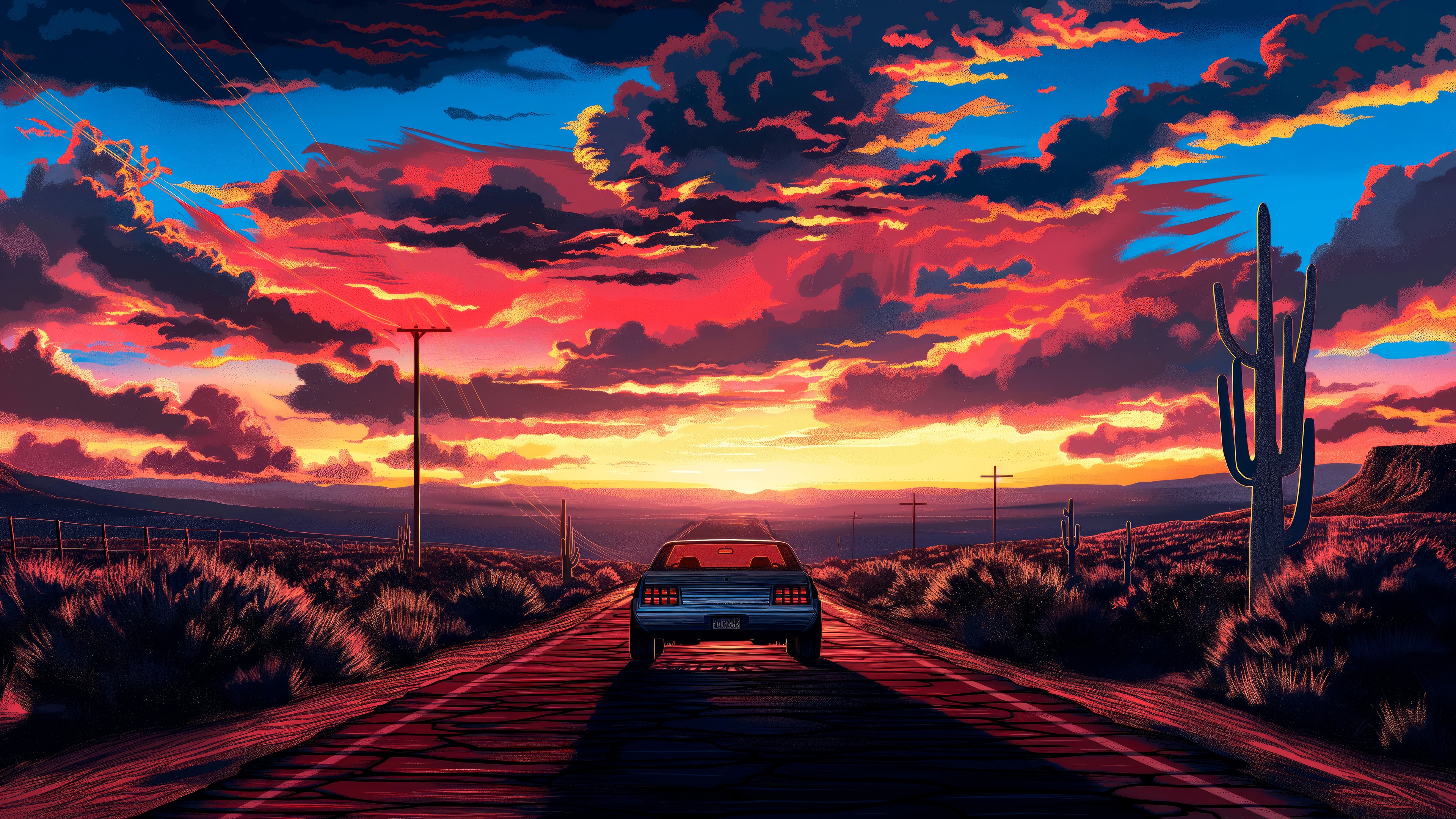 Car driving into a desert sunset 4K HD Wallpaper