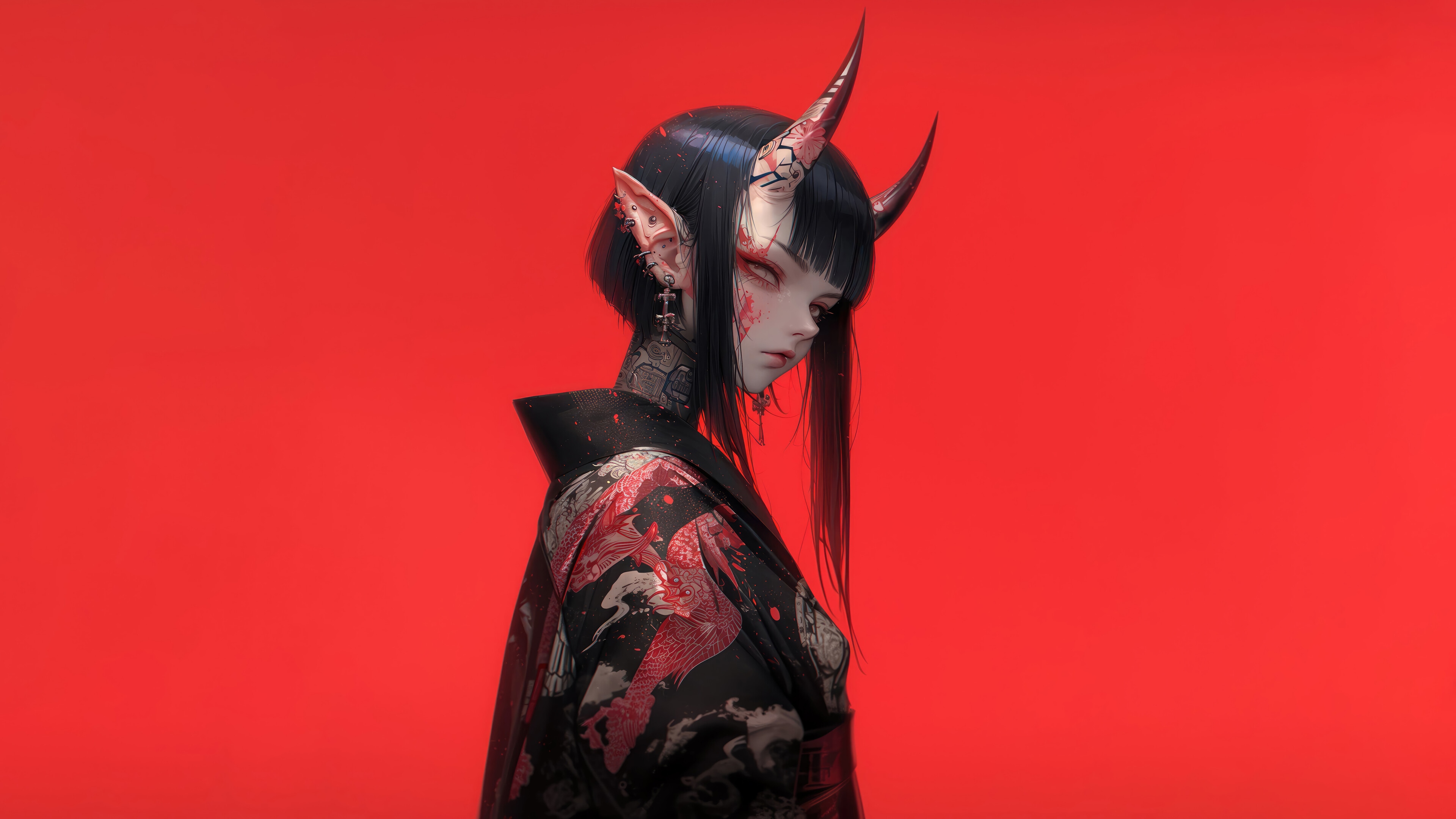 Anime Demon Girl in Kimono 4K HD Wallpaper