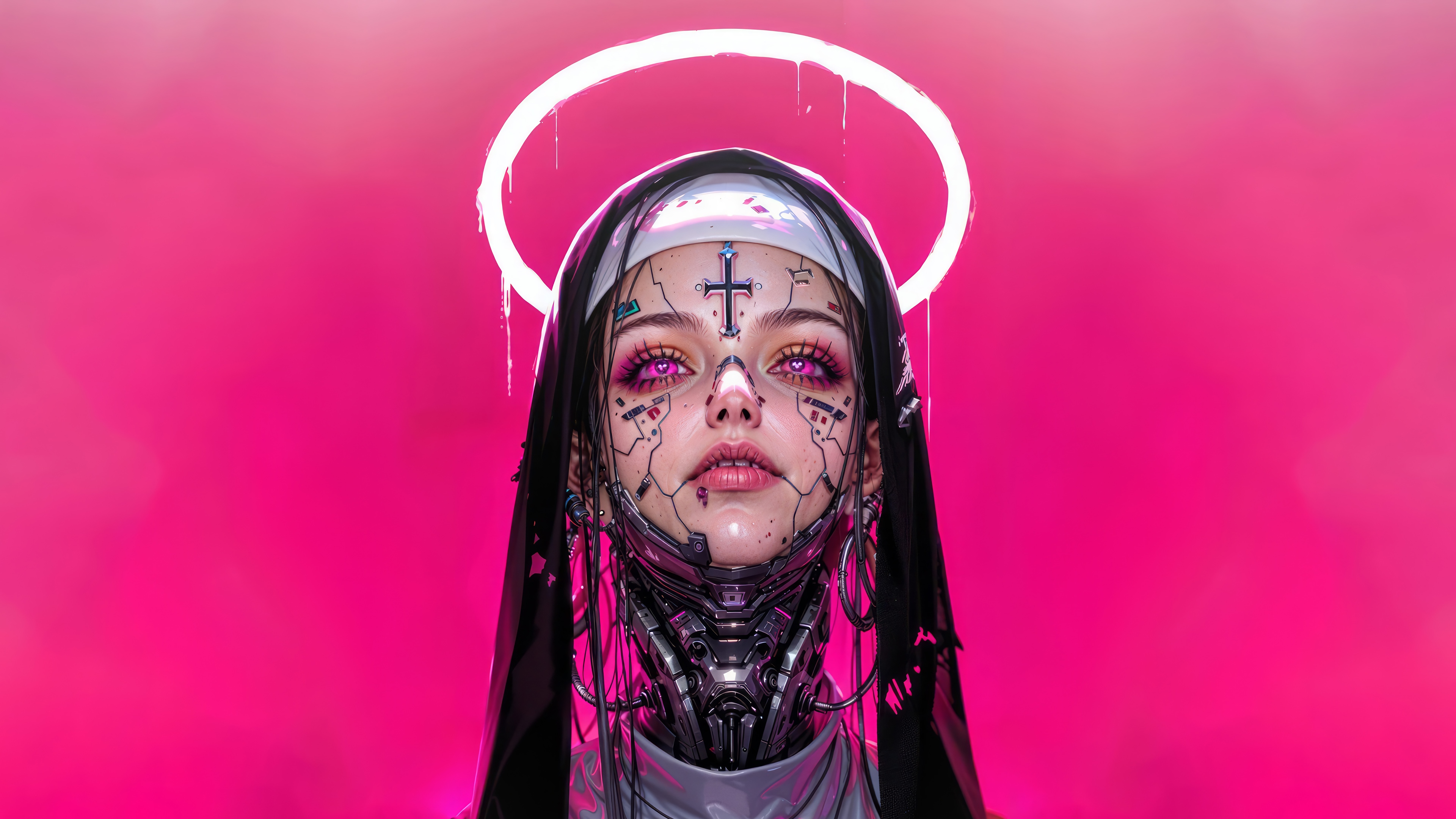 Cyberpunk Nun with Halo and Cross HD Wallpaper