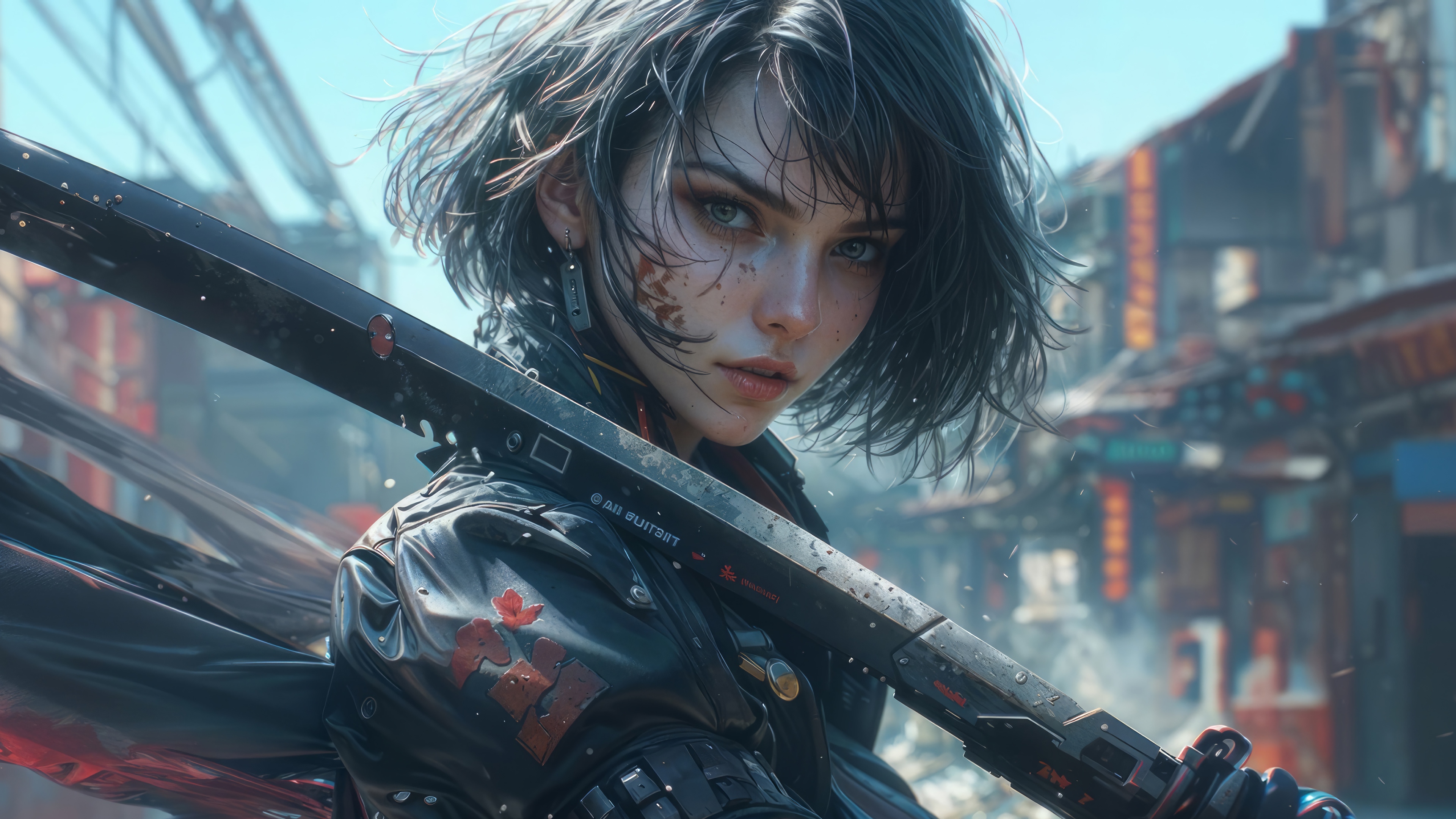 Cyberpunk Girl with Sword in Sci-Fi City 4K HD Wallpaper