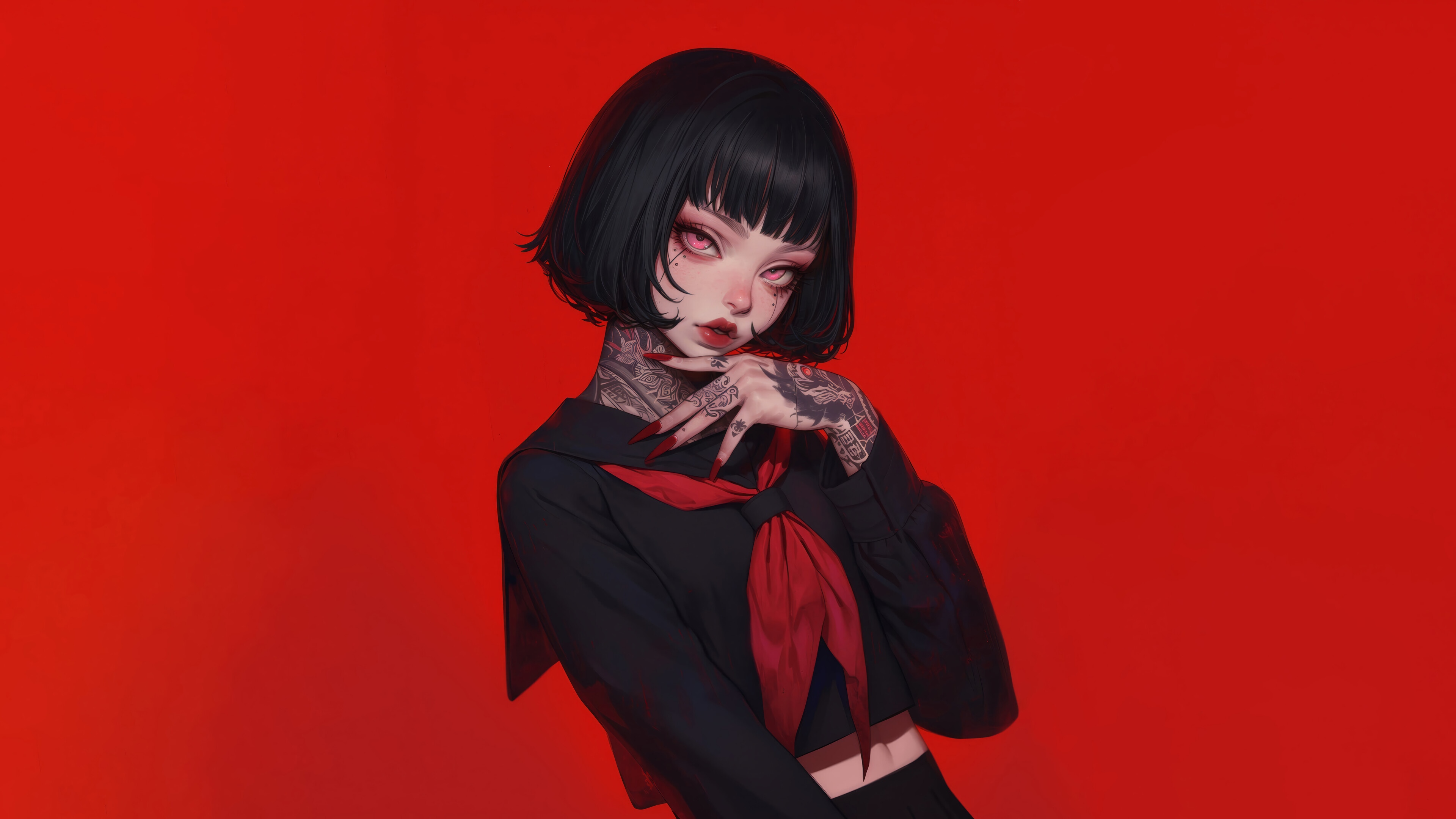 Anime Girl with Tattoos in School Uniform 4K HD Wallpaper
