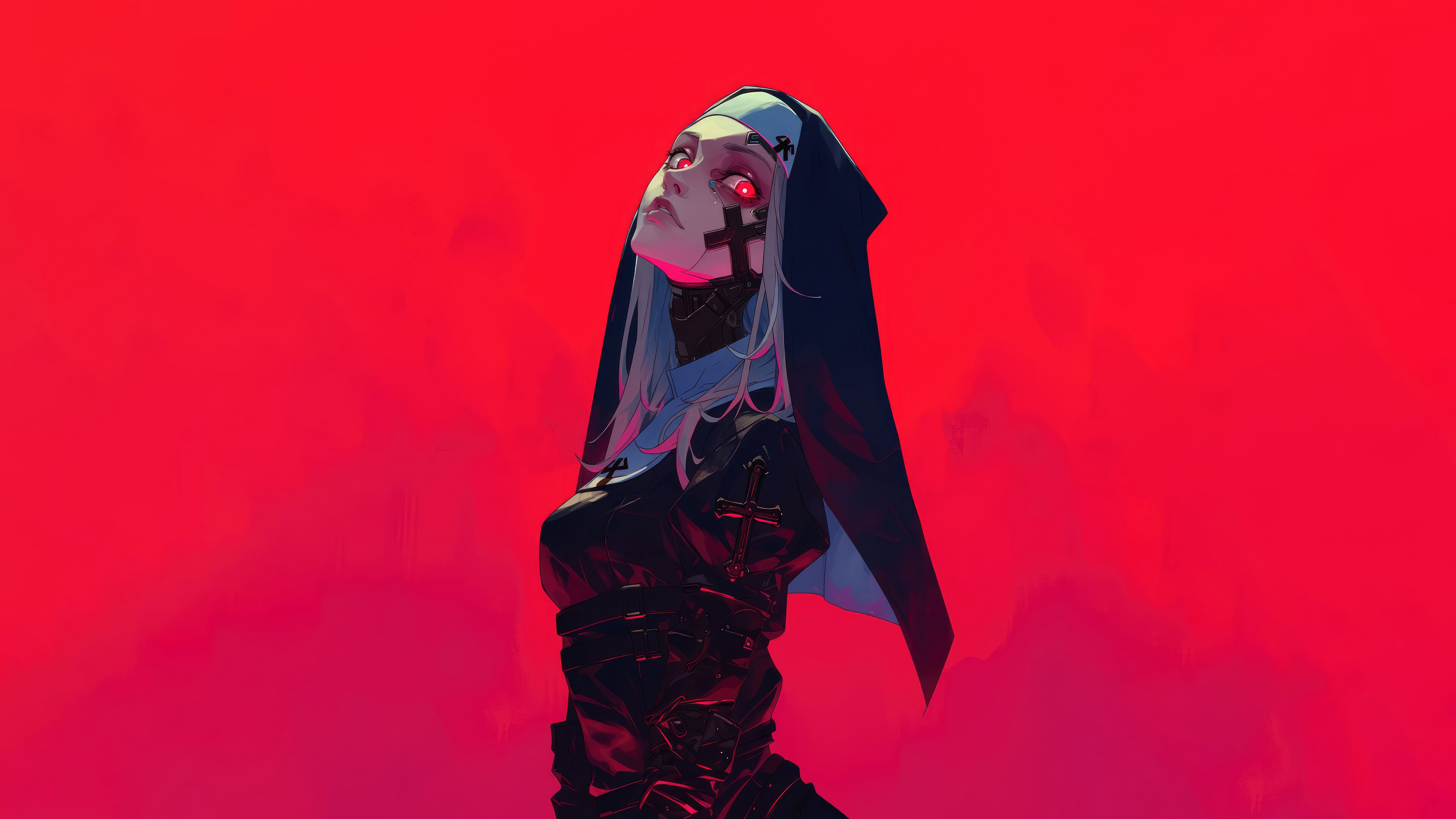 Anime Nun with Red Eyes and Cross HD Wallpaper