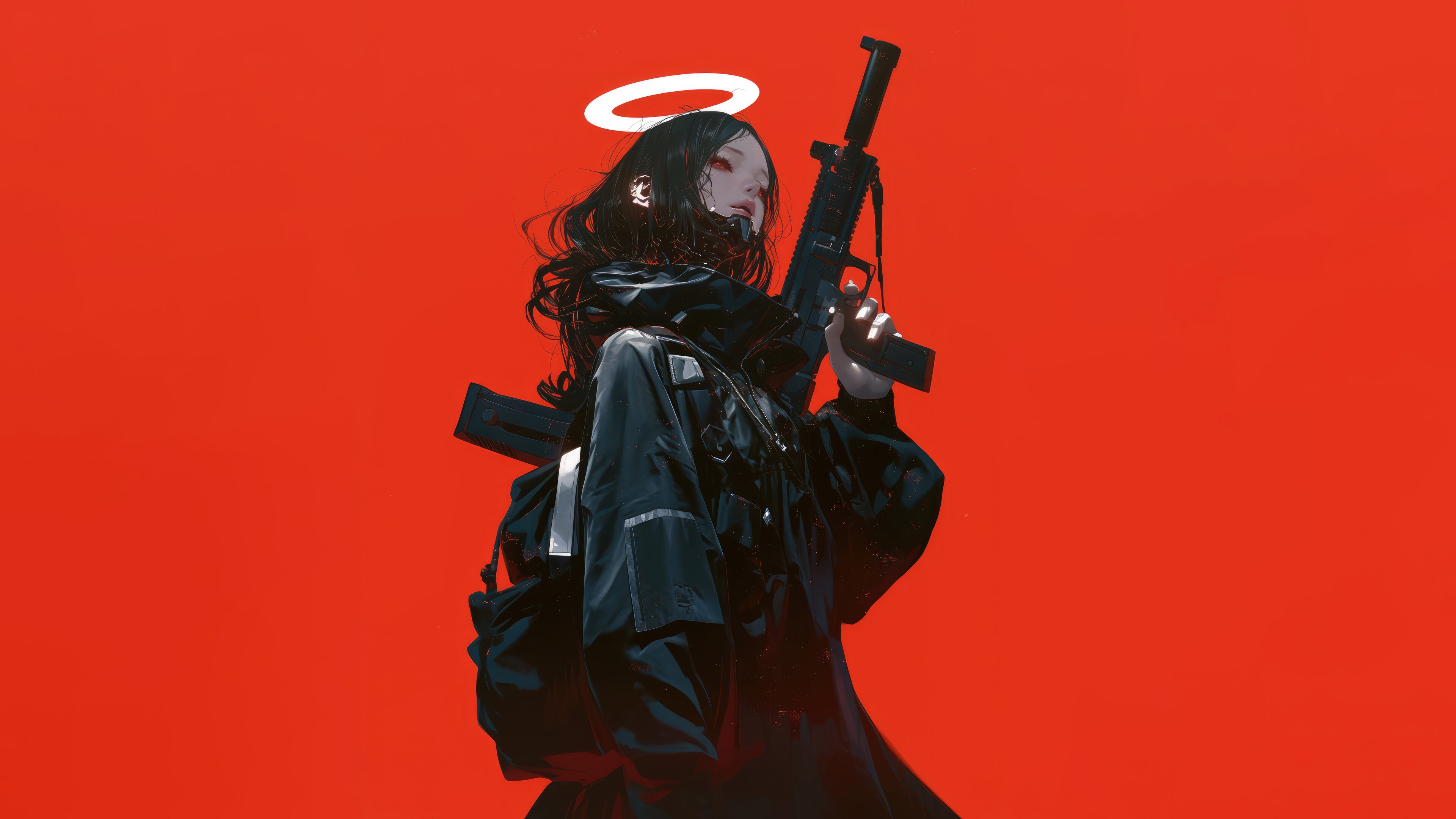 Anime Girl with Halo and Rifle HD Wallpaper