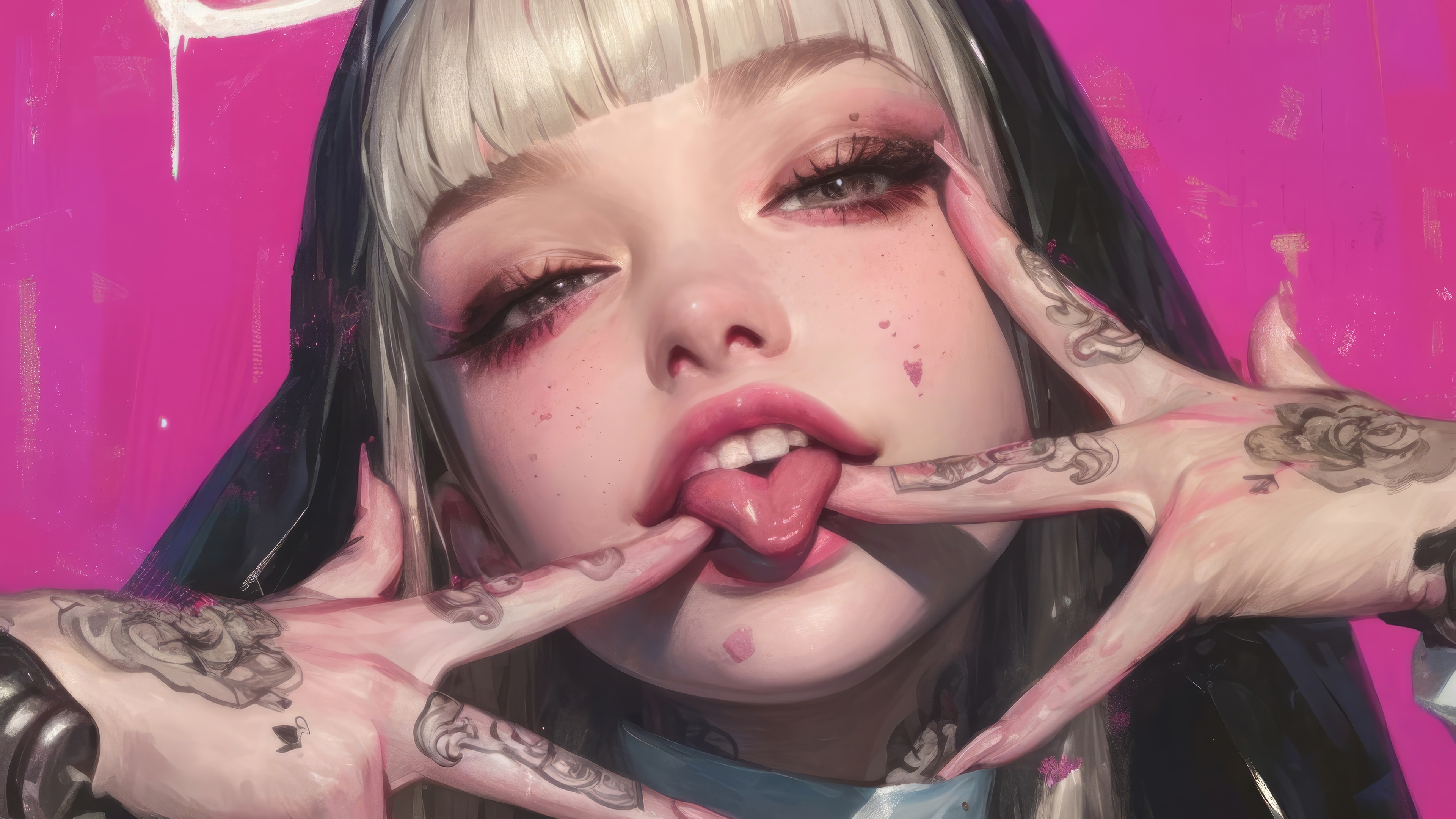Anime Girl with Tongue Out and Tattoos 4K HD Wallpaper