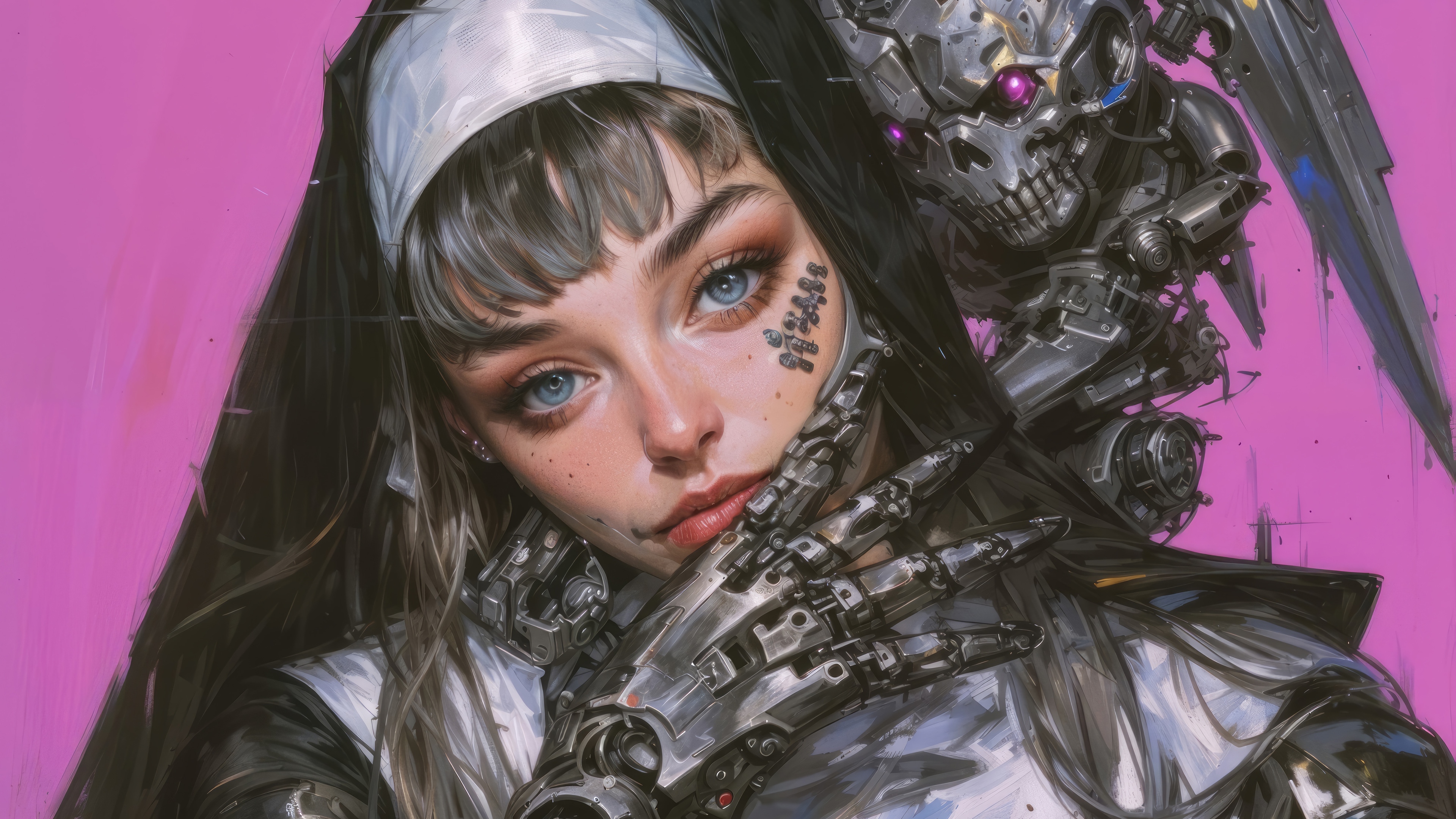 Cyberpunk Nun with Mechanical Arm and Skull HD Wallpaper