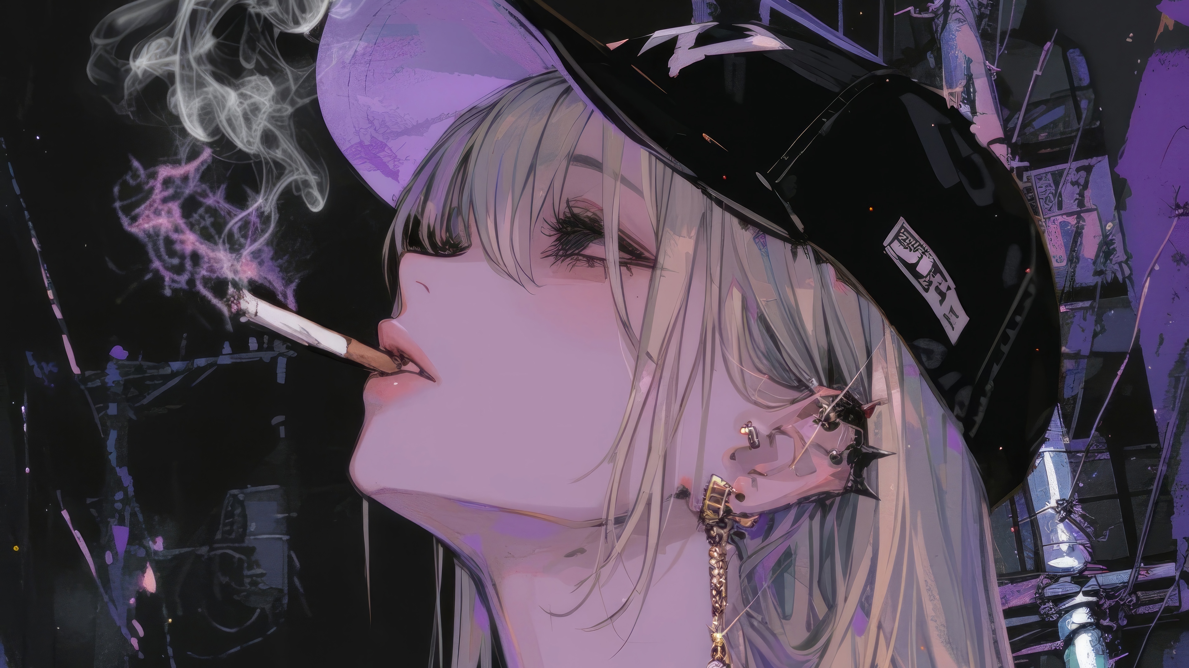 Anime Girl Smoking with Cap 4K HD Wallpaper
