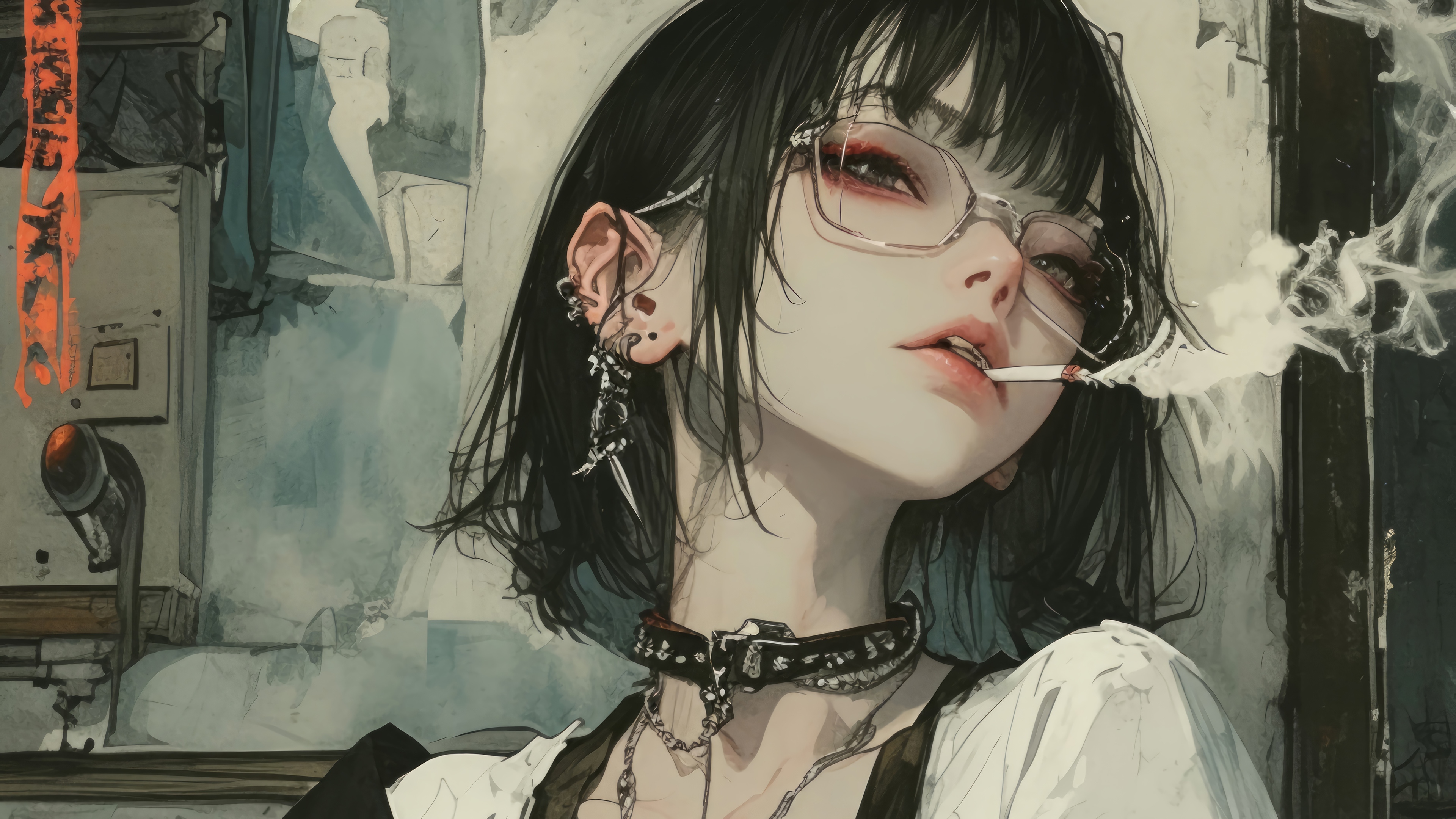 Anime Girl Smoking with Glasses 4K HD Wallpaper