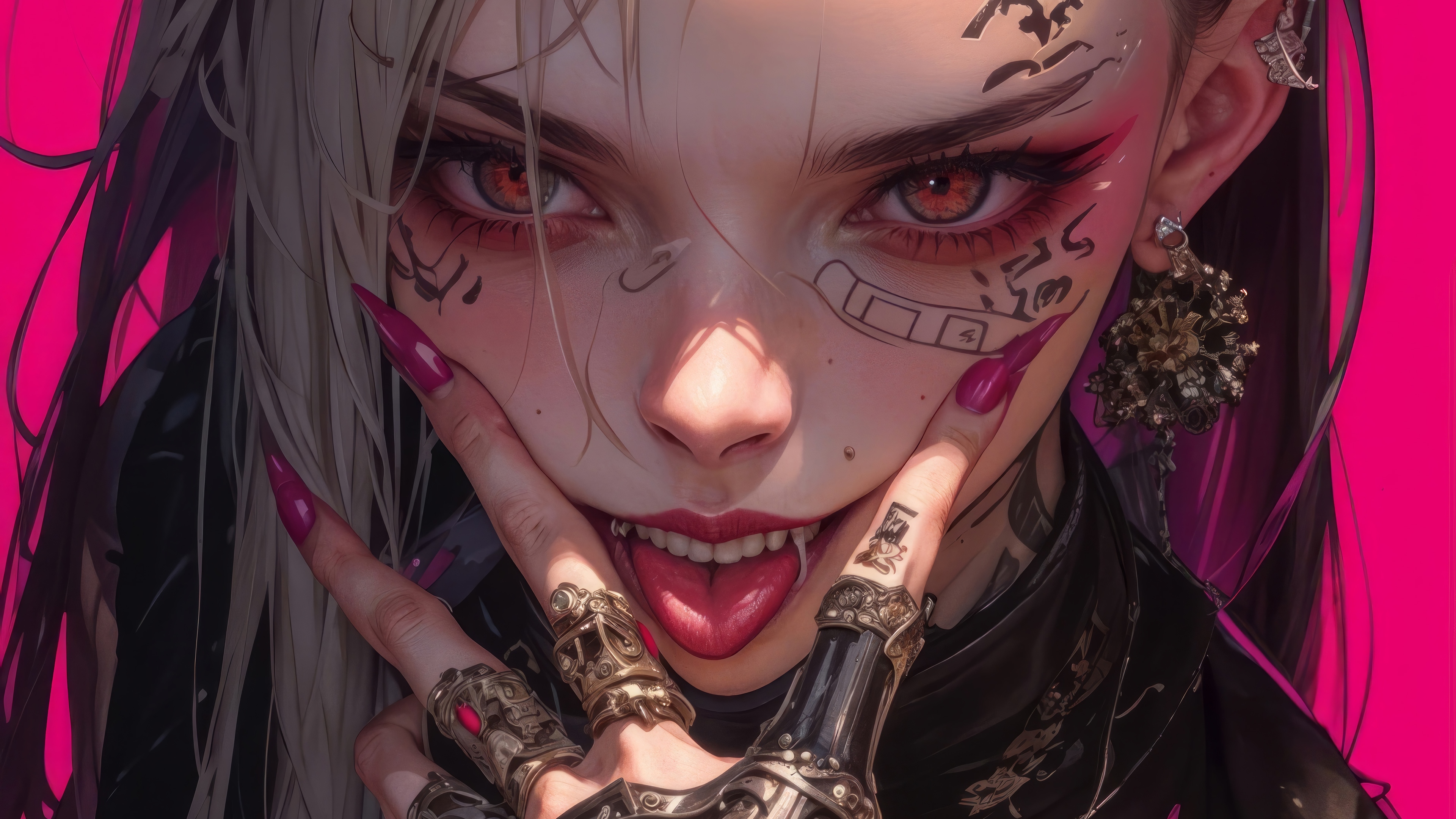 Anime Girl with Tattoos and Sharp Nails 4K HD Wallpaper