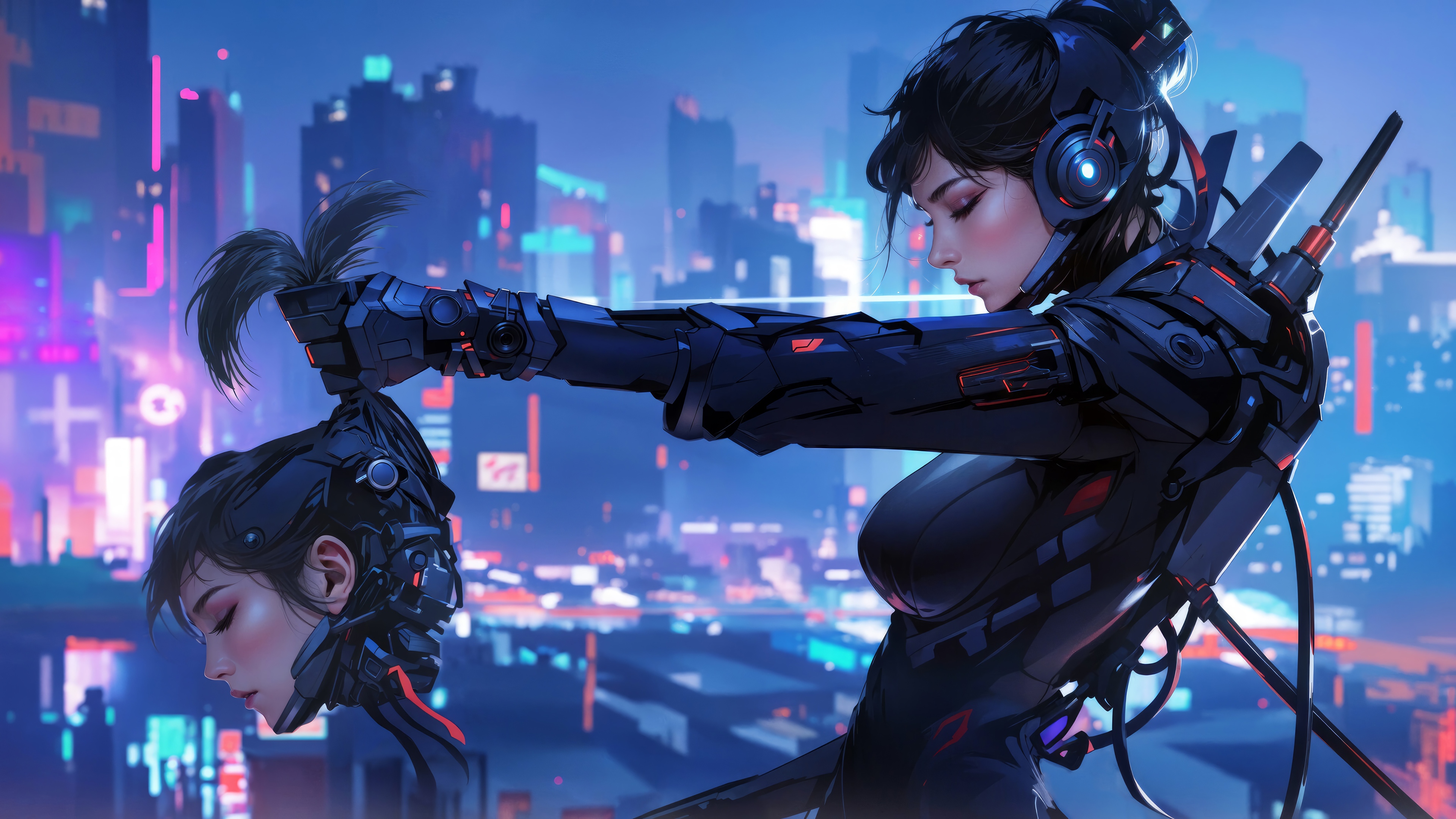 Cyberpunk Girl Holding a Robotic Head in a Neon City 4K HD Wallpaper
