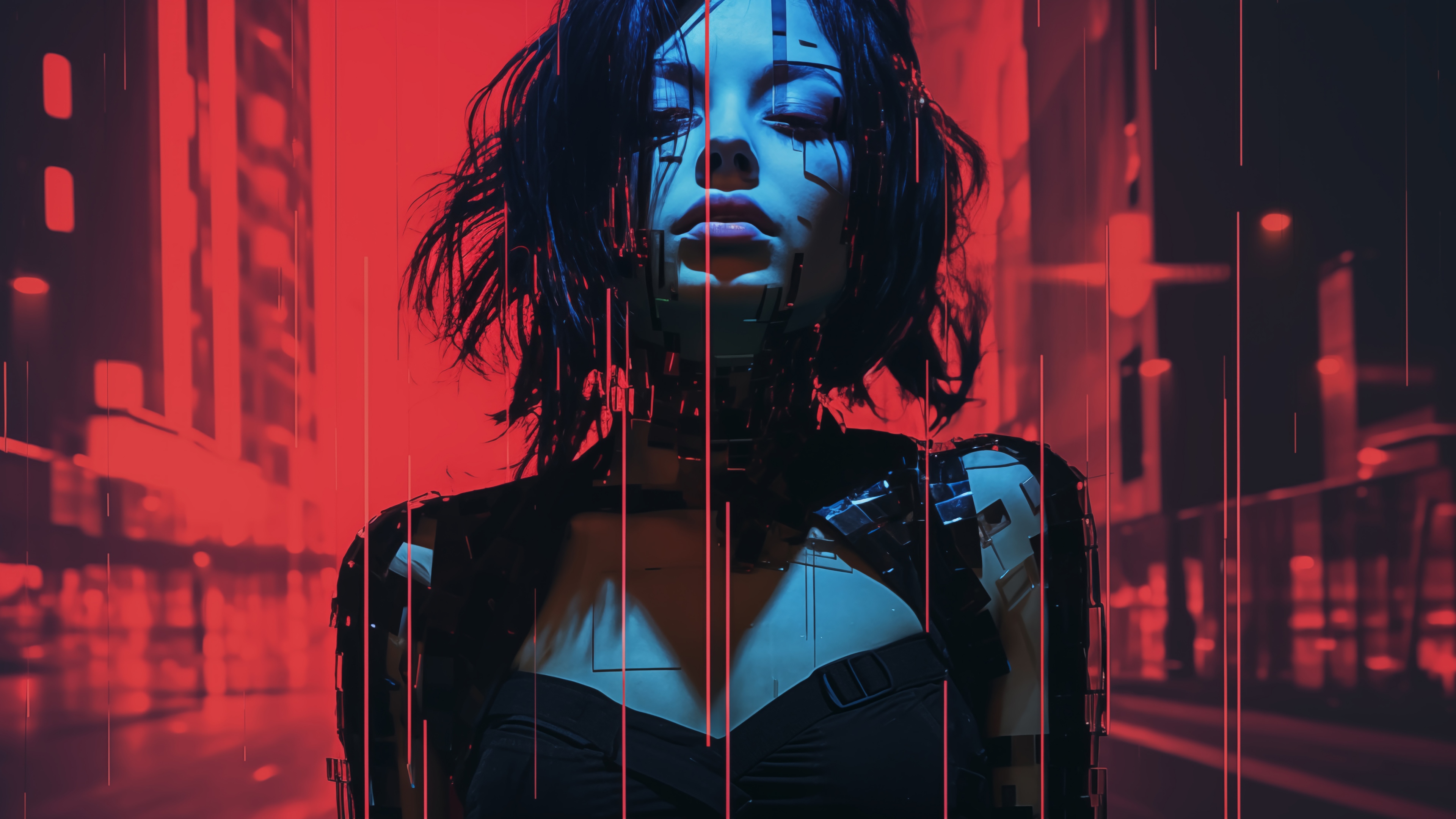 Cyberpunk girl with glitch effects in a city HD Wallpaper