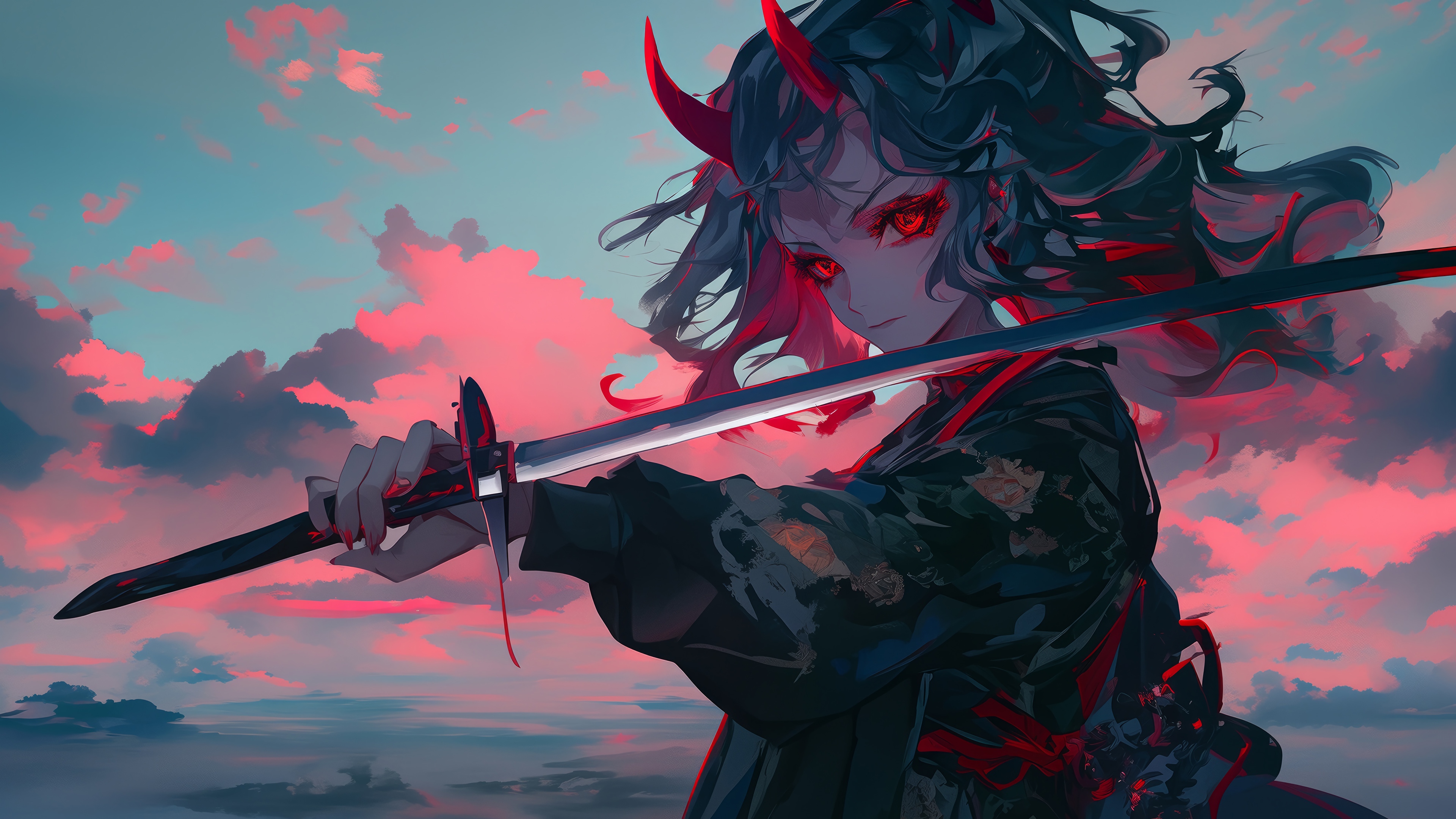 Anime Girl with Horns and Katana in 4K HD Wallpaper