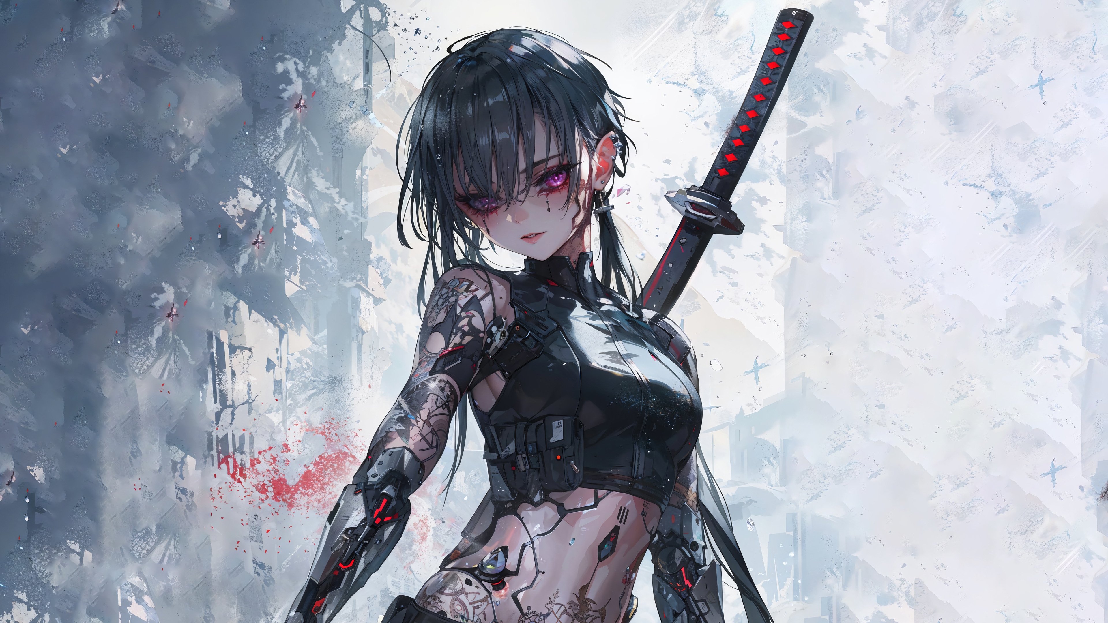 Anime Girl with Katana in Cyberpunk City 4K HD Wallpaper